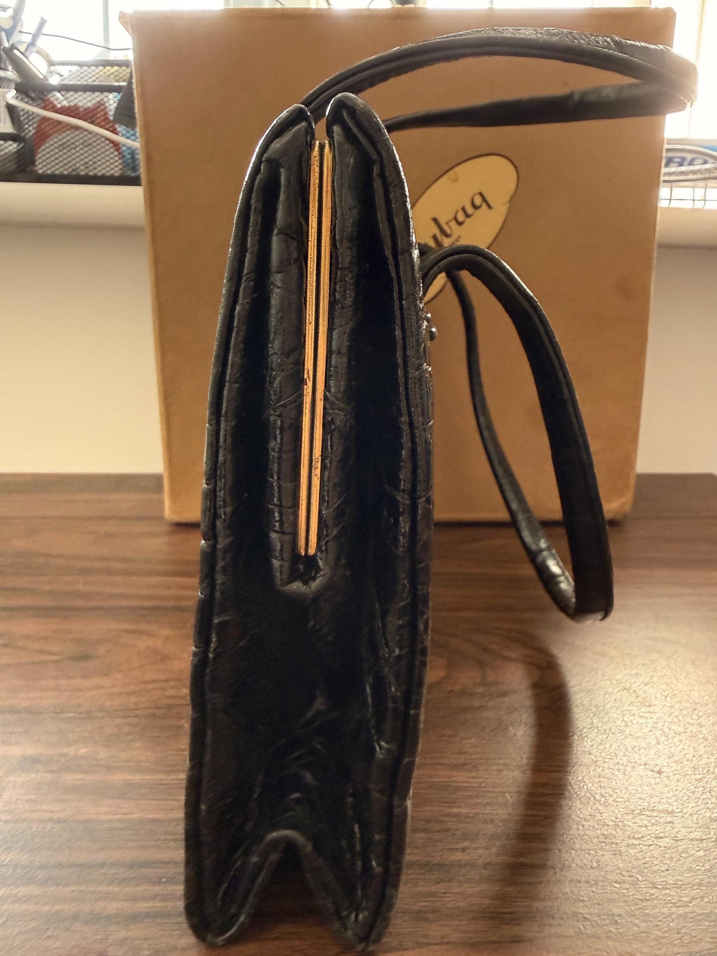 Vintage Waldybag Black Leather Croc Embossed Handbag with Matching Purse & Mirror | 1950s 1960s Made in England | Unused Condition