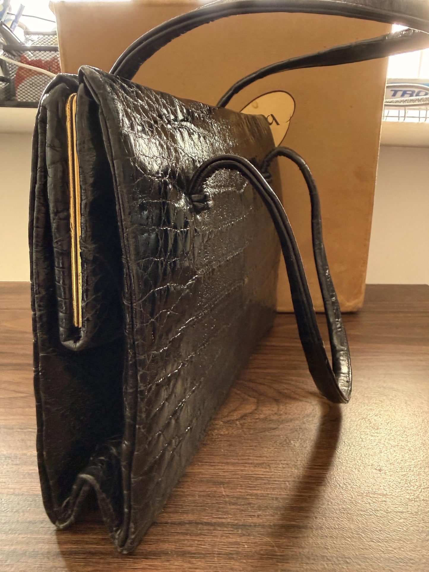 Vintage Waldybag Black Leather Croc Embossed Handbag with Matching Purse & Mirror | 1950s 1960s Made in England | Unused Condition