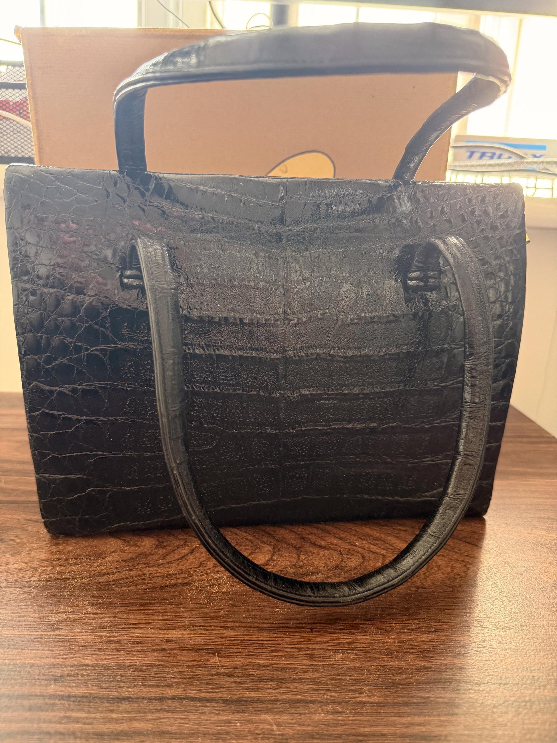Vintage Waldybag Black Leather Croc Embossed Handbag with Matching Purse & Mirror | 1950s 1960s Made in England | Unused Condition