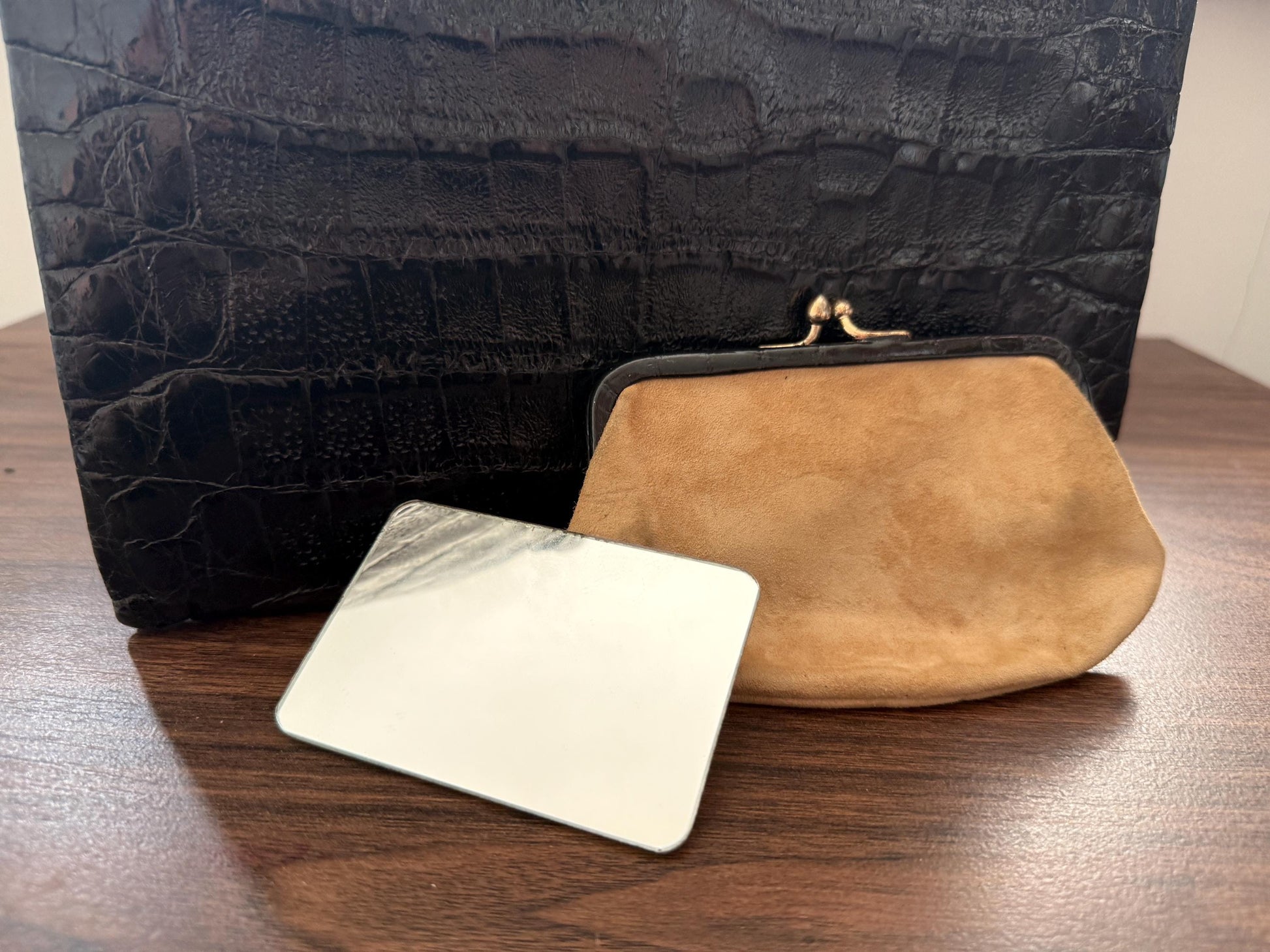 Vintage Waldybag Black Leather Croc Embossed Handbag with Matching Purse & Mirror | 1950s 1960s Made in England | Unused Condition