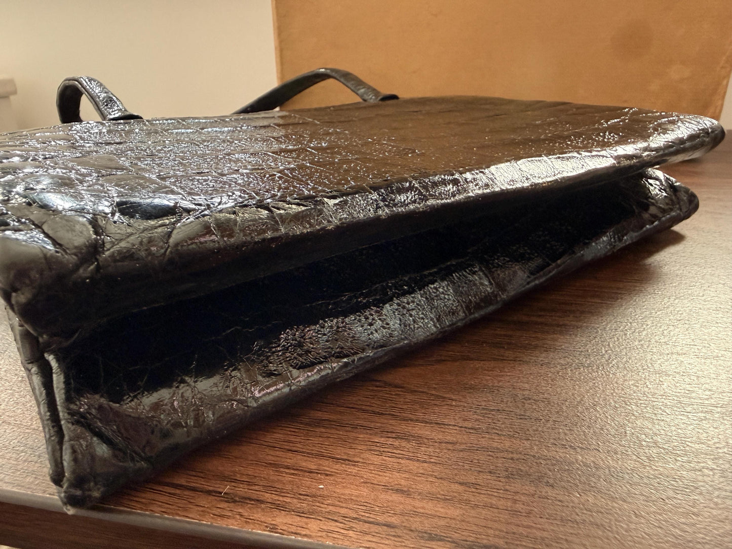 Vintage Waldybag Black Leather Croc Embossed Handbag with Matching Purse & Mirror | 1950s 1960s Made in England | Unused Condition