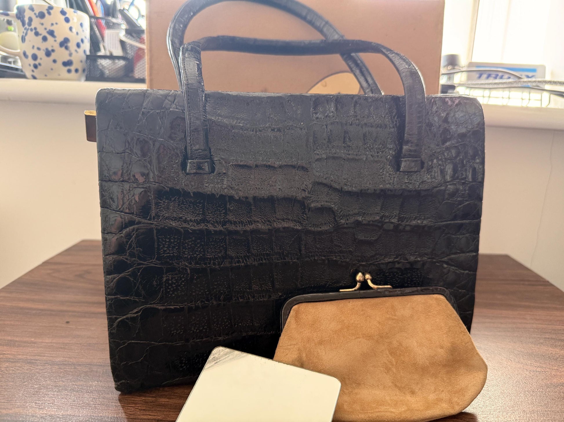Vintage Waldybag Black Leather Croc Embossed Handbag with Matching Purse & Mirror | 1950s 1960s Made in England | Unused Condition