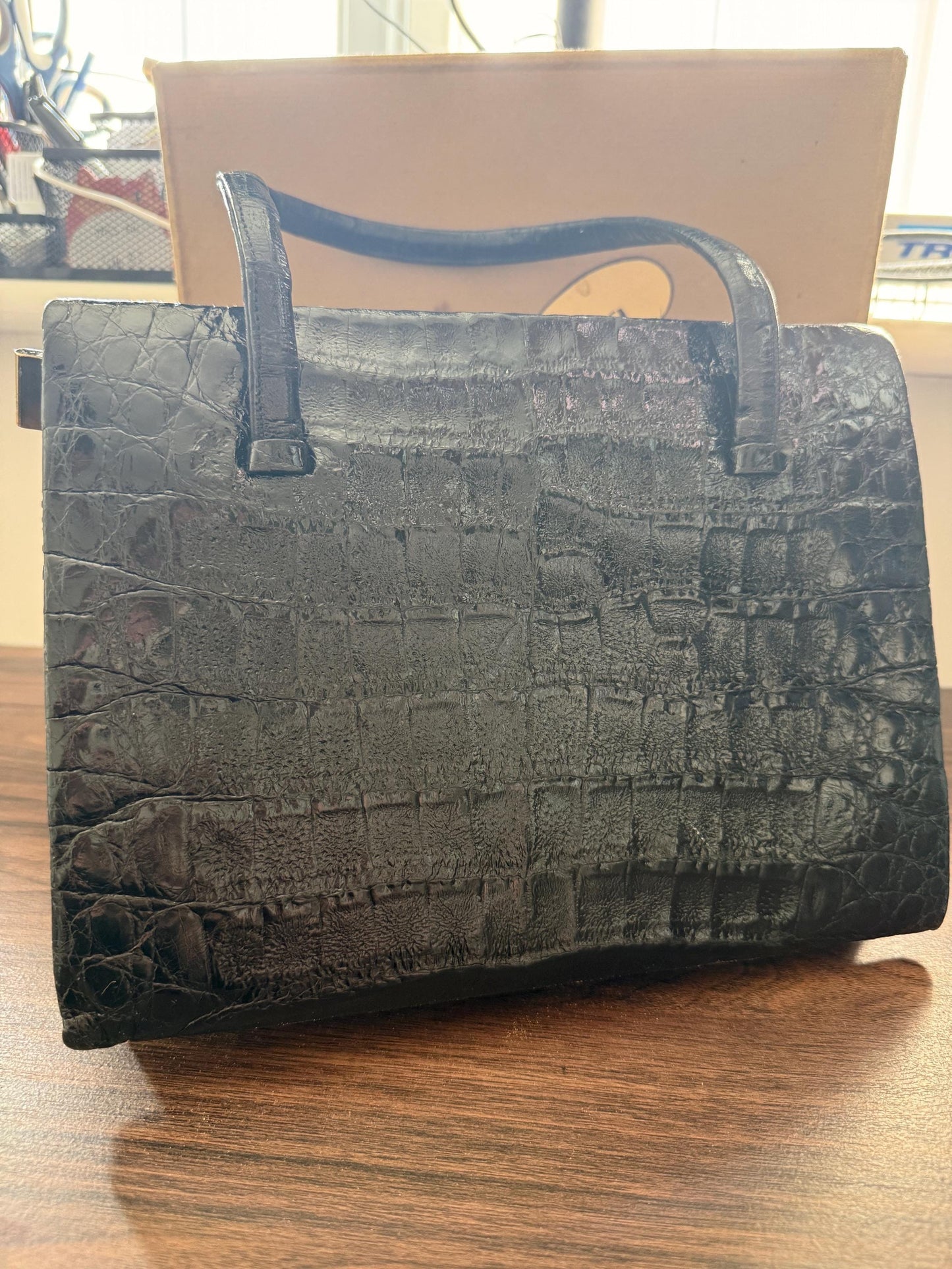 Vintage Waldybag Black Leather Croc Embossed Handbag with Matching Purse & Mirror | 1950s 1960s Made in England | Unused Condition