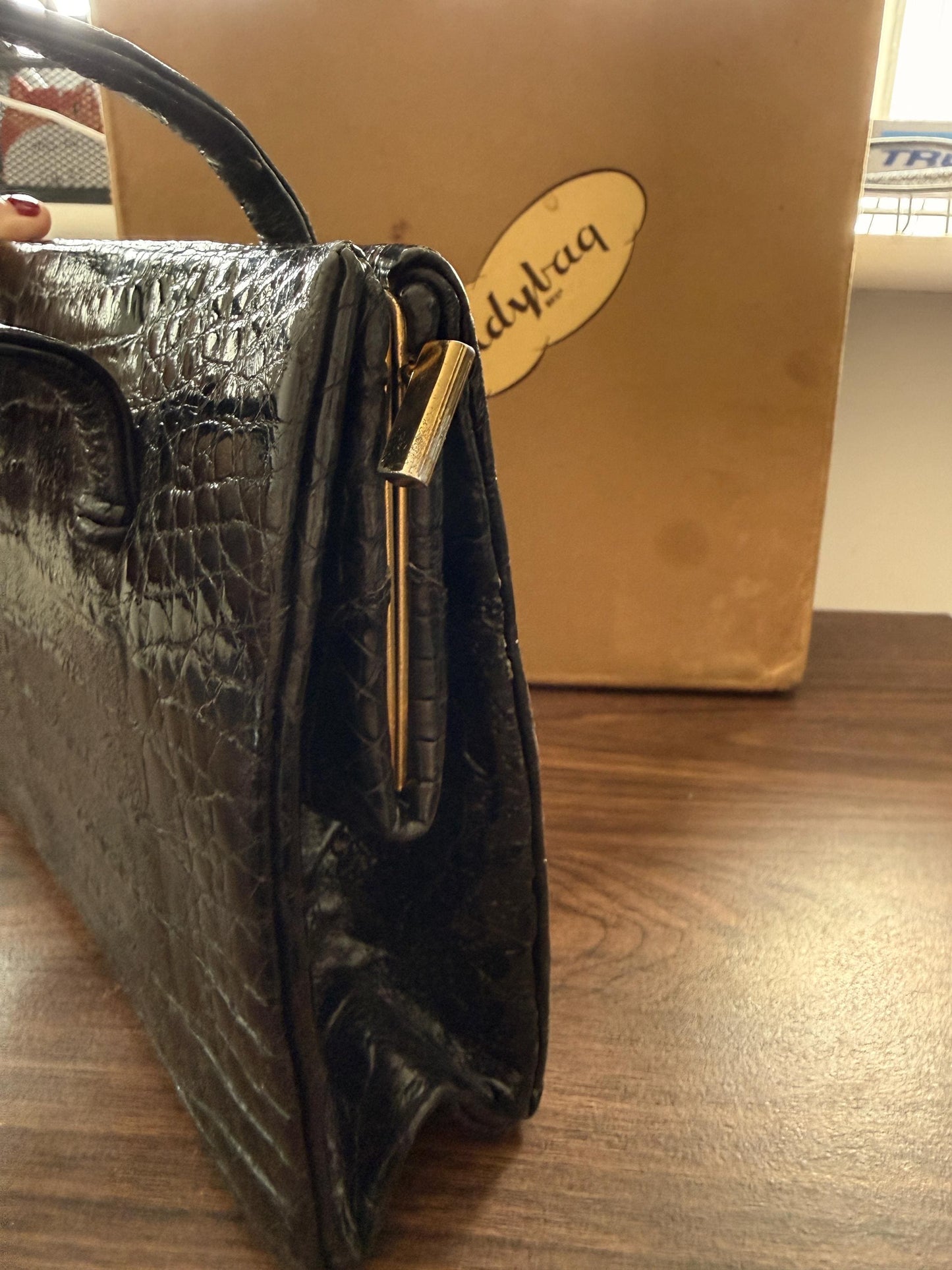 Vintage Waldybag Black Leather Croc Embossed Handbag with Matching Purse & Mirror | 1950s 1960s Made in England | Unused Condition