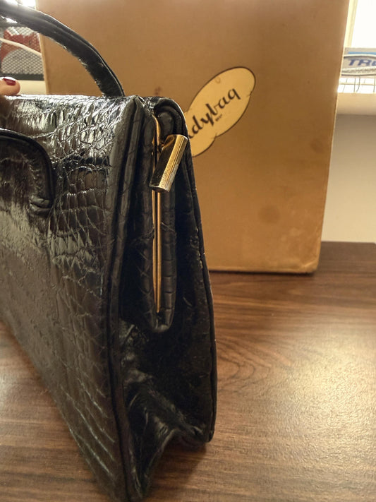 Vintage Waldybag Black Leather Croc Embossed Handbag with Matching Purse & Mirror | 1950s 1960s Made in England | Unused Condition