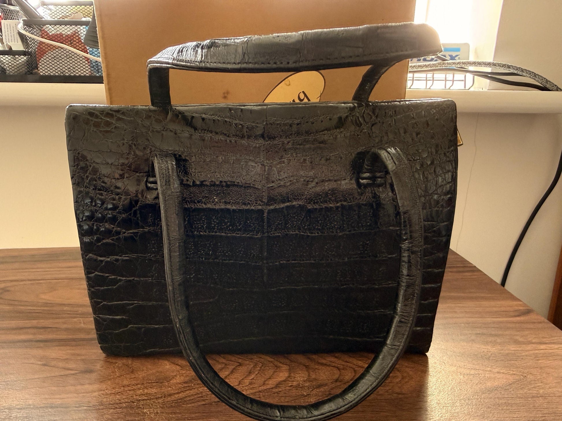 Vintage Waldybag Black Leather Croc Embossed Handbag with Matching Purse & Mirror | 1950s 1960s Made in England | Unused Condition