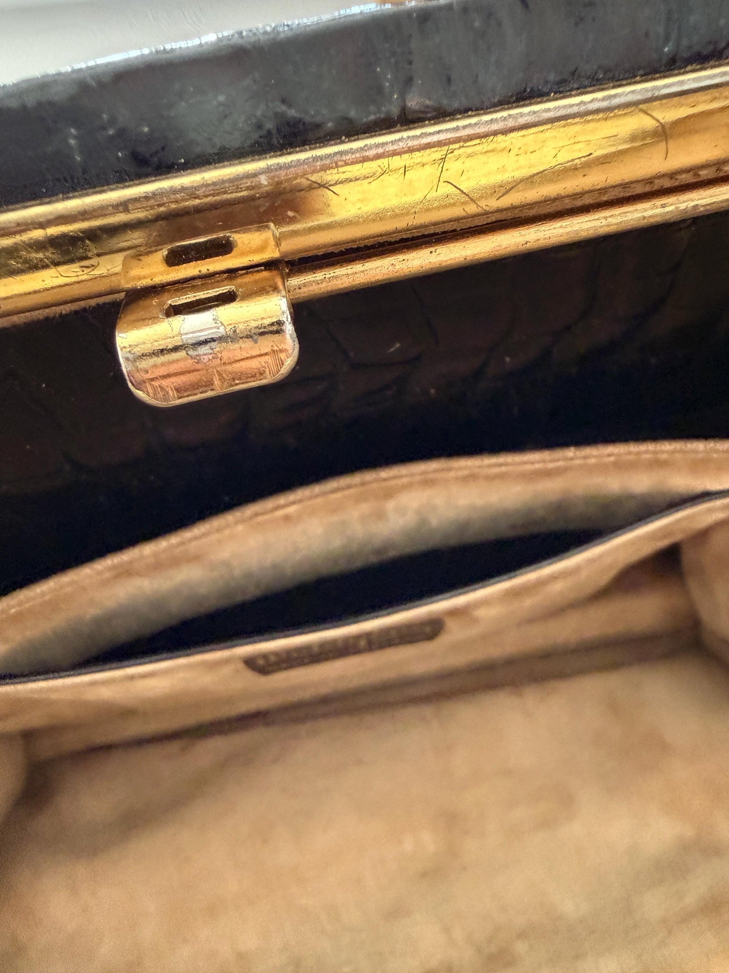 Vintage Waldybag Black Leather Croc Embossed Handbag with Matching Purse & Mirror | 1950s 1960s Made in England | Unused Condition
