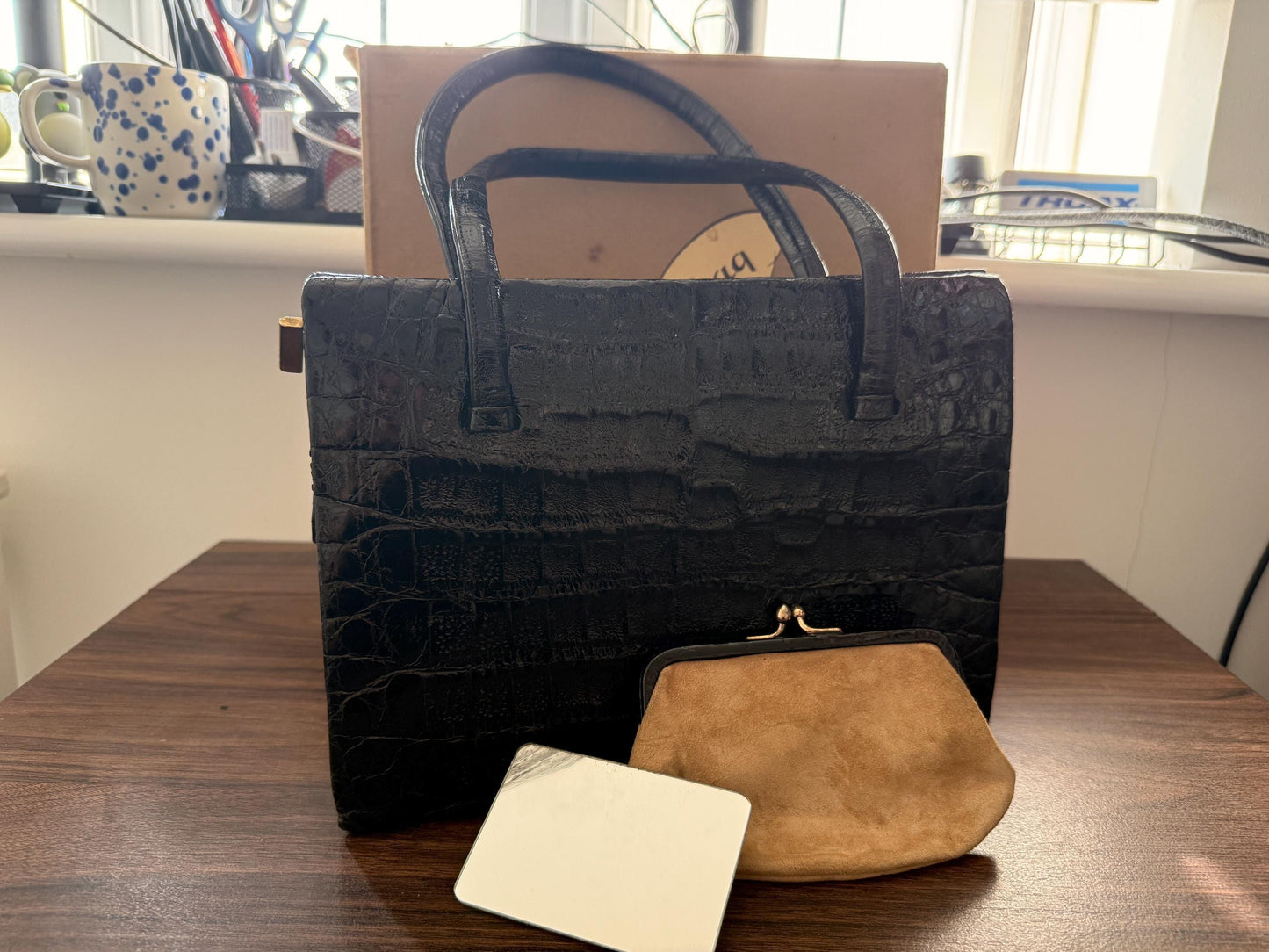 Vintage Waldybag Black Leather Croc Embossed Handbag with Matching Purse & Mirror | 1950s 1960s Made in England | Unused Condition
