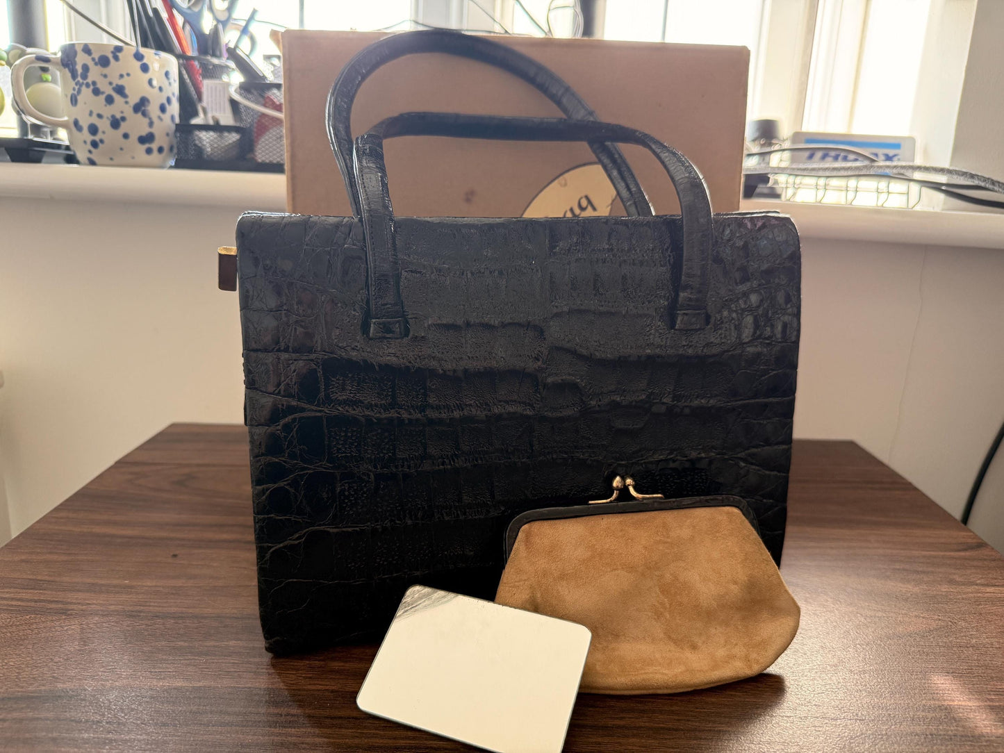 Vintage Waldybag Black Leather Croc Embossed Handbag with Matching Purse & Mirror | 1950s 1960s Made in England | Unused Condition