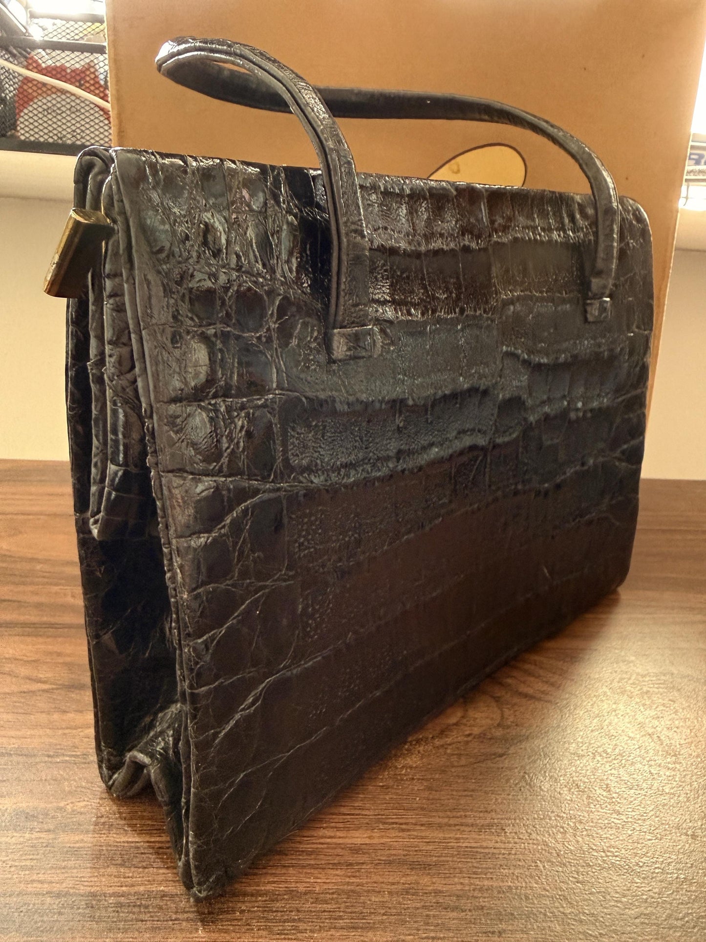 Vintage Waldybag Black Leather Croc Embossed Handbag with Matching Purse & Mirror | 1950s 1960s Made in England | Unused Condition
