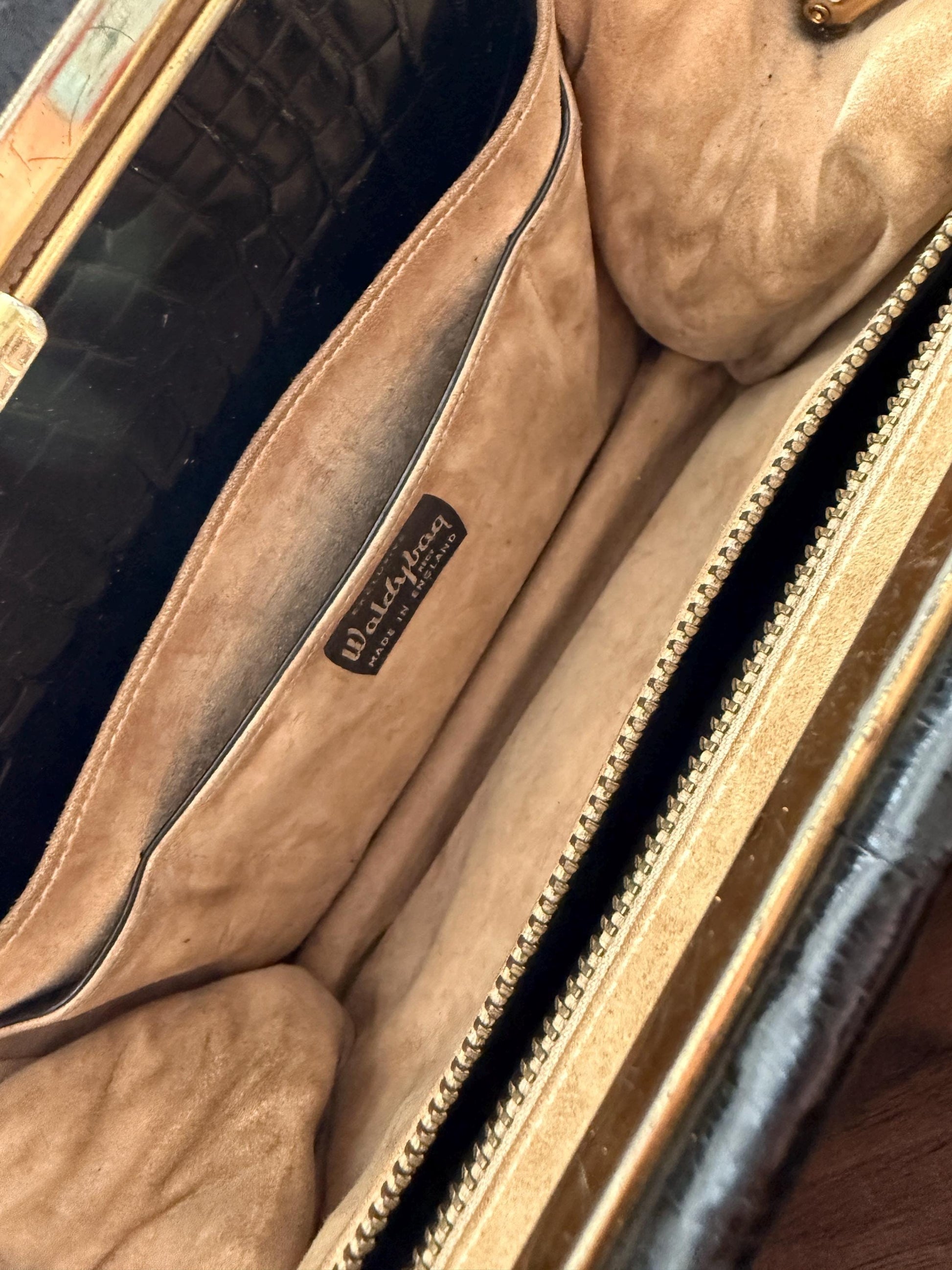 Vintage Waldybag Black Leather Croc Embossed Handbag with Matching Purse & Mirror | 1950s 1960s Made in England | Unused Condition
