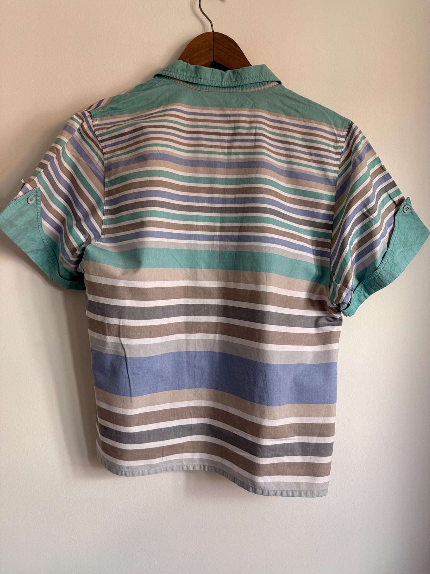 Vintage Weber Pastel Striped Cotton Blouse UK 10-12 | 80s Mint Green & Blue Button Front Shirt | Summer Cottagecore Retro Top