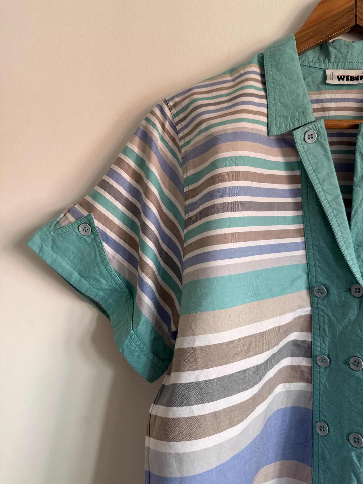 Vintage Weber Pastel Striped Cotton Blouse UK 10-12 | 80s Mint Green & Blue Button Front Shirt | Summer Cottagecore Retro Top