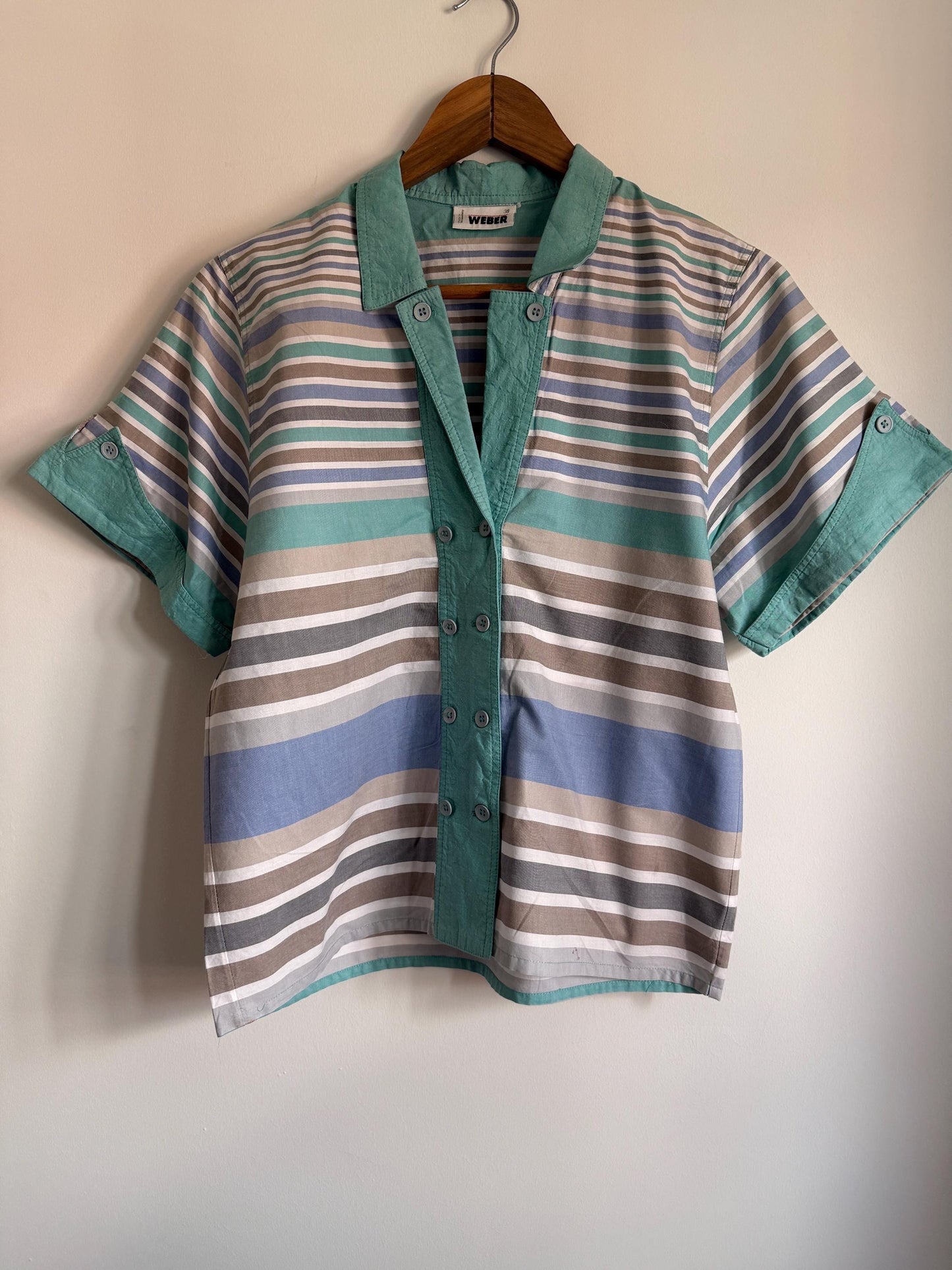 Vintage Weber Pastel Striped Cotton Blouse UK 10-12 | 80s Mint Green & Blue Button Front Shirt | Summer Cottagecore Retro Top