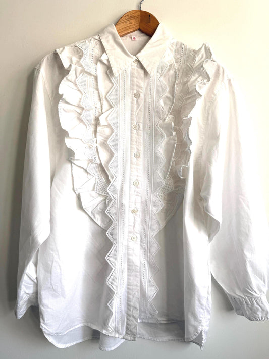 Vintage White Cotton Ruffle Lace Blouse | Romantic Victorian Cottagecore Shirt