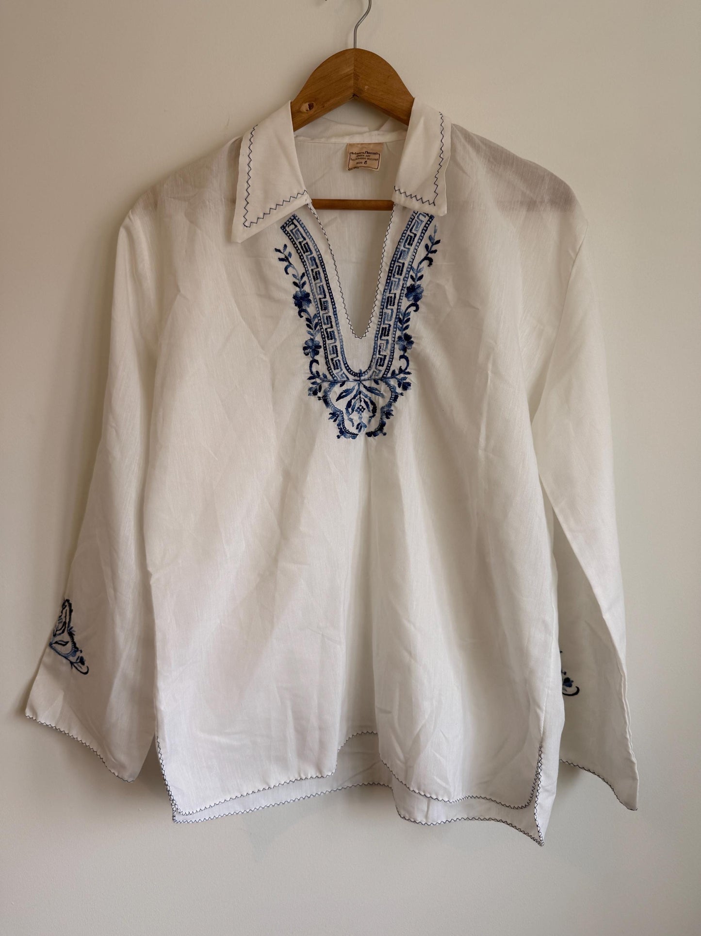 Vintage White Embroidered Blouse UK 12-14 | Blue Folk Boho Cotton Top | Peasant Long Sleeve Shirt Festival Summer