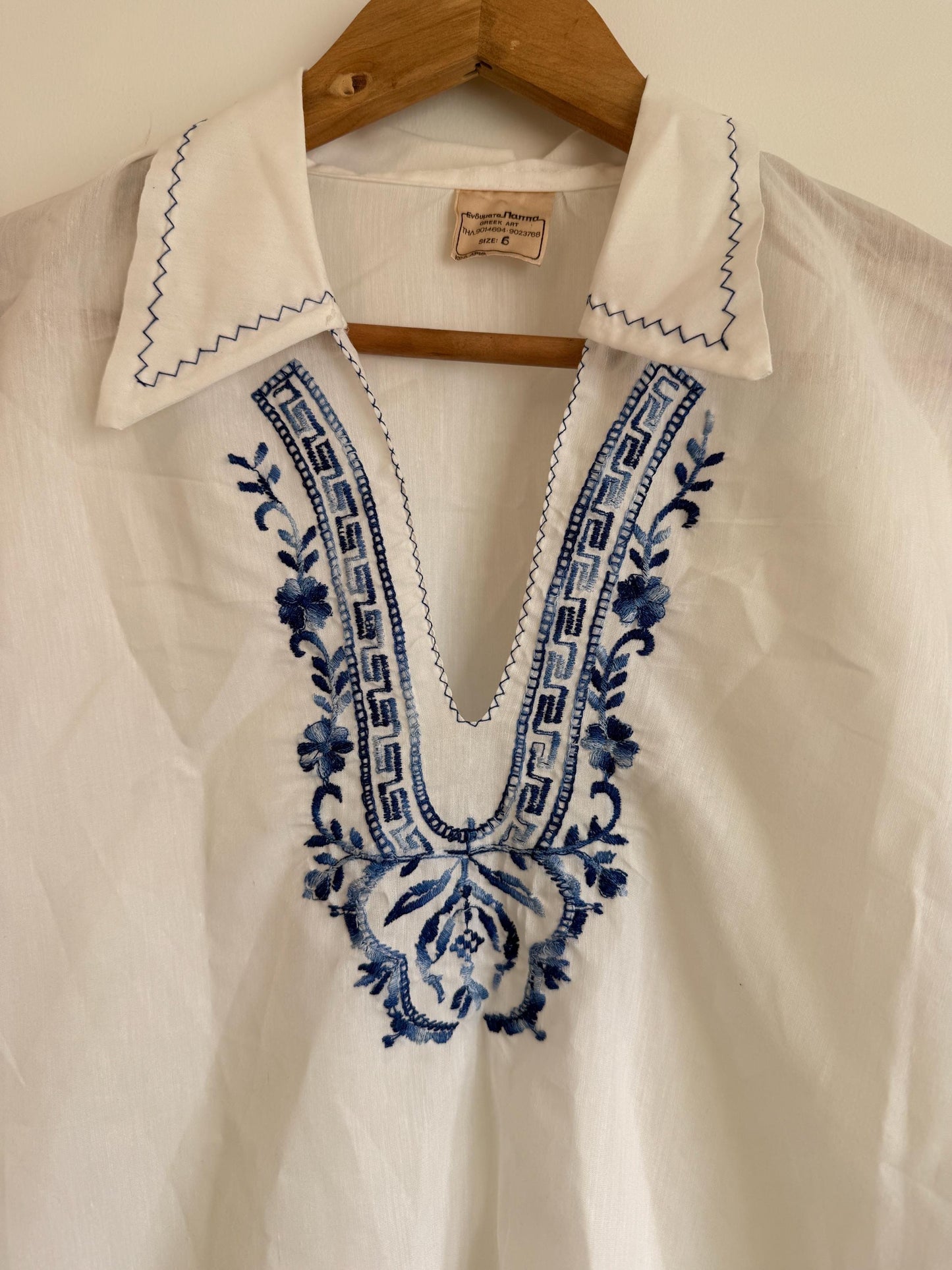 Vintage White Embroidered Blouse UK 12-14 | Blue Folk Boho Cotton Top | Peasant Long Sleeve Shirt Festival Summer