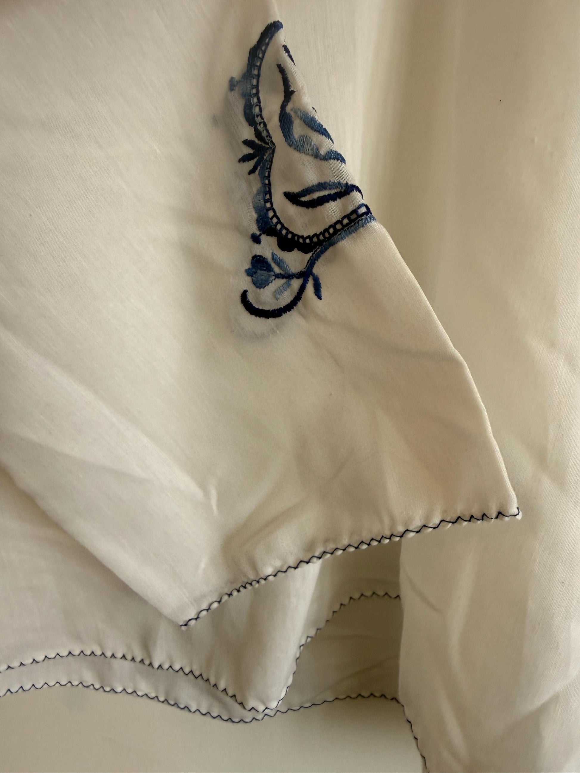 Vintage White Embroidered Blouse UK 12-14 | Blue Folk Boho Cotton Top | Peasant Long Sleeve Shirt Festival Summer