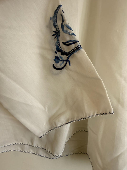 Vintage White Embroidered Blouse UK 12-14 | Blue Folk Boho Cotton Top | Peasant Long Sleeve Shirt Festival Summer
