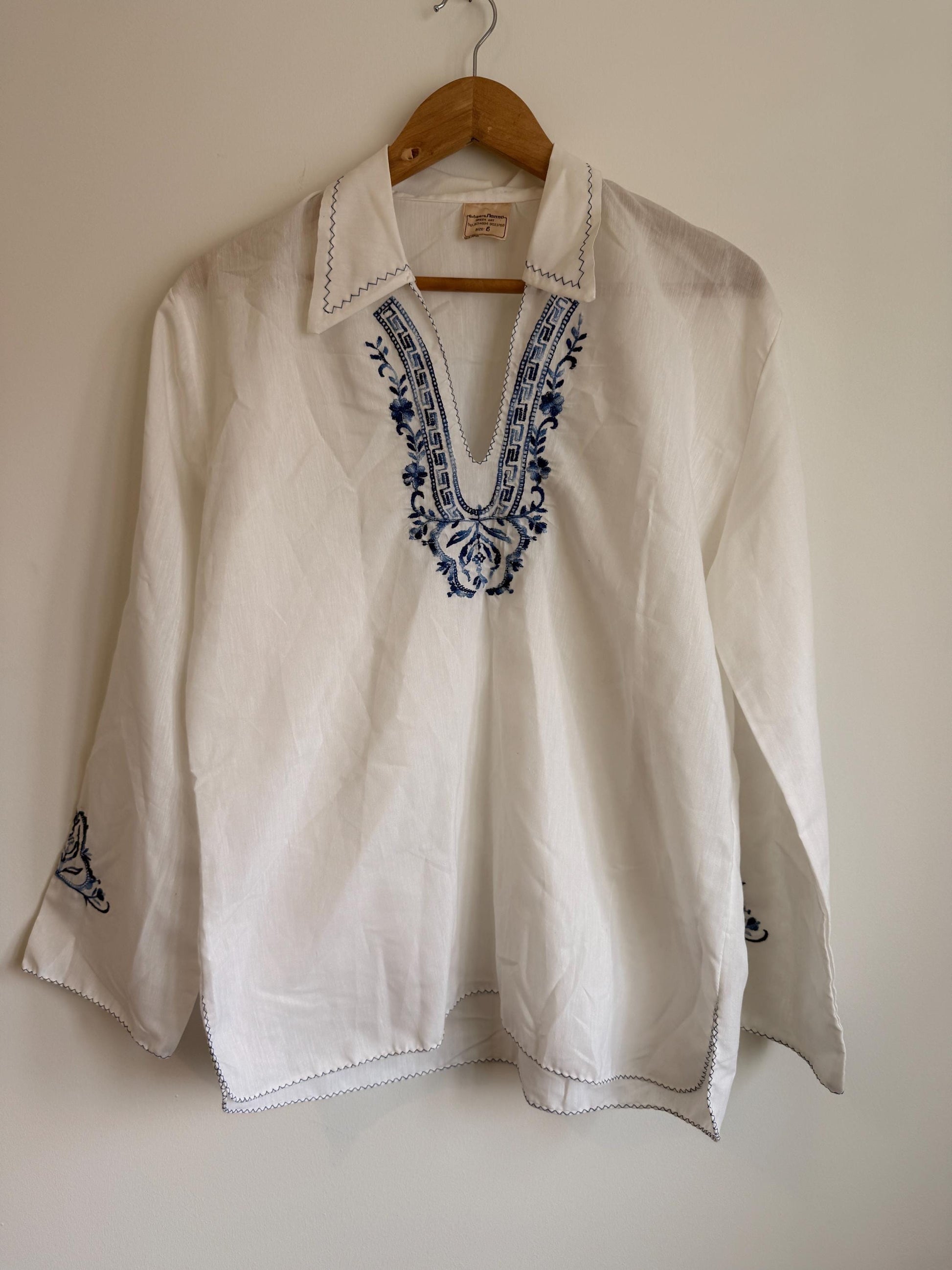 Vintage White Embroidered Blouse UK 12-14 | Blue Folk Boho Cotton Top | Peasant Long Sleeve Shirt Festival Summer