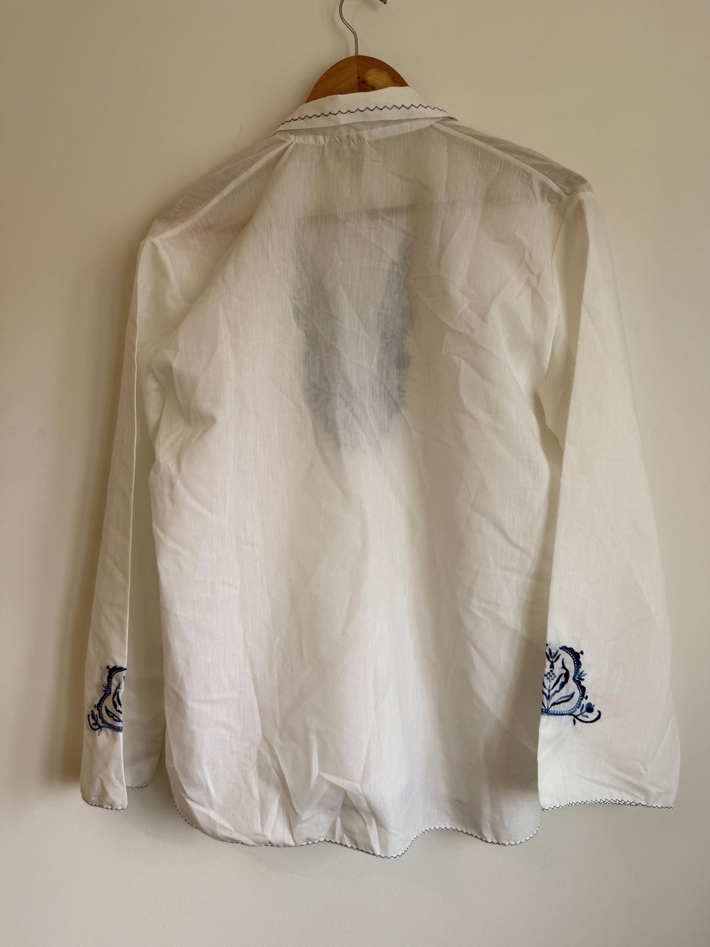 Vintage White Embroidered Blouse UK 12-14 | Blue Folk Boho Cotton Top | Peasant Long Sleeve Shirt Festival Summer