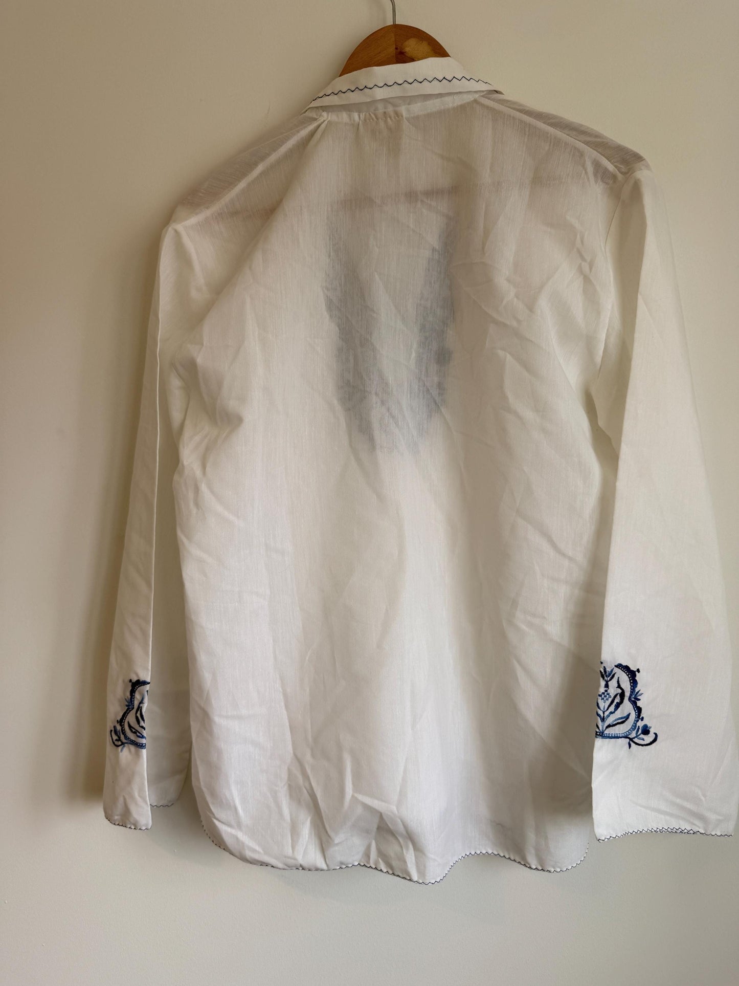 Vintage White Embroidered Blouse UK 12-14 | Blue Folk Boho Cotton Top | Peasant Long Sleeve Shirt Festival Summer