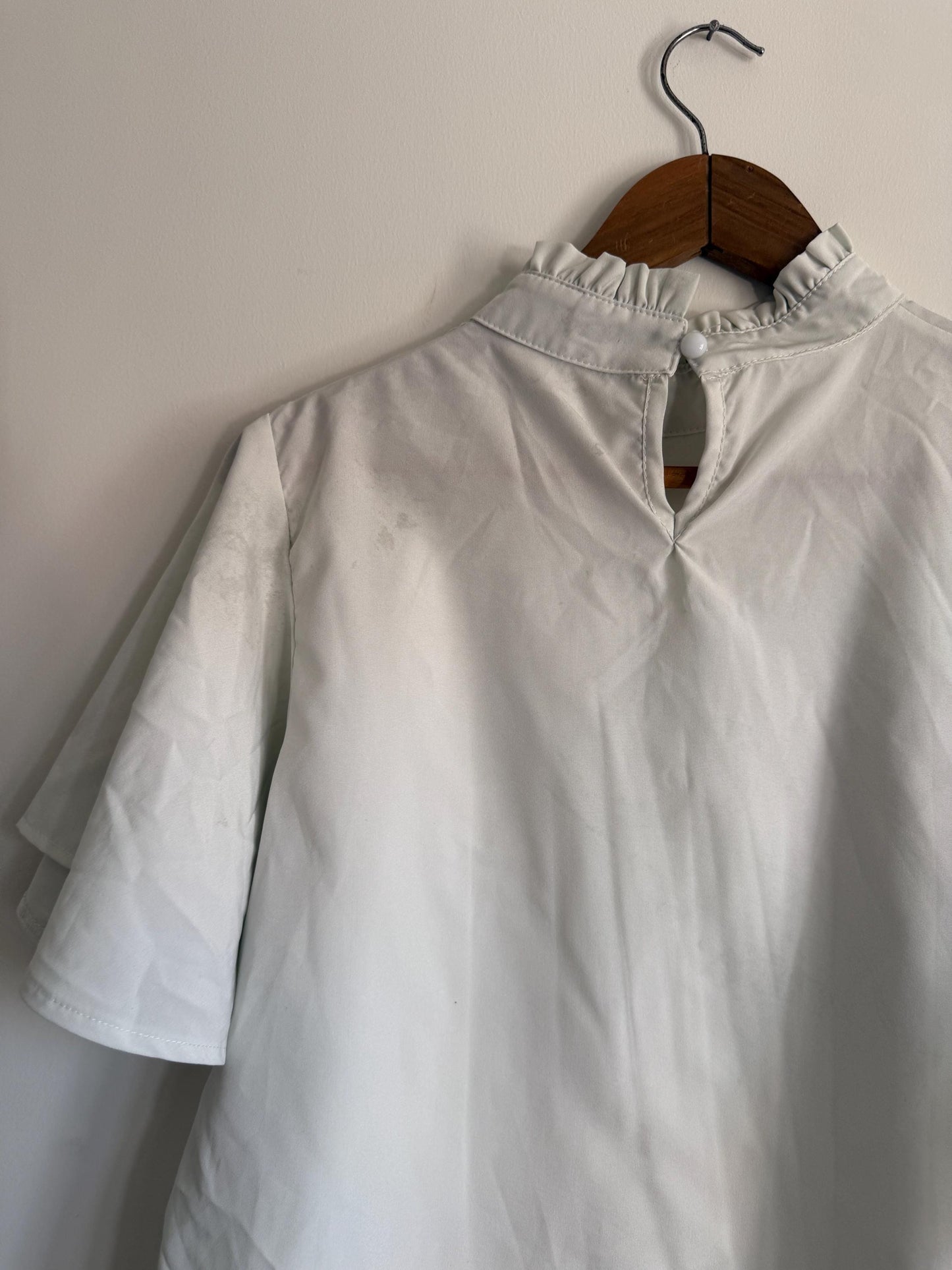 Vintage White Embroidered Flutter Sleeve Blouse | Floral High Neck Top | UK 12-14