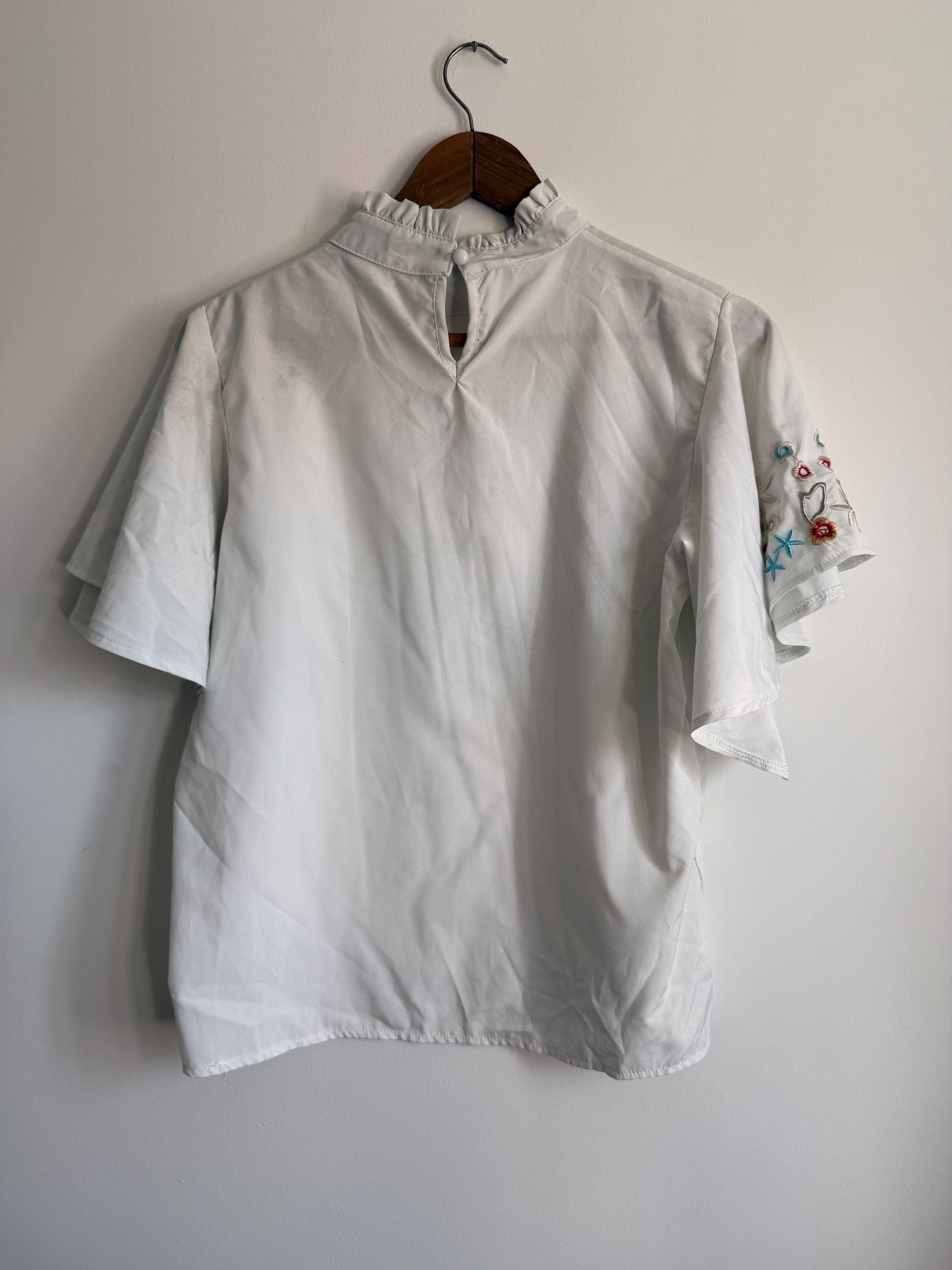 Vintage White Embroidered Flutter Sleeve Blouse | Floral High Neck Top | UK 12-14