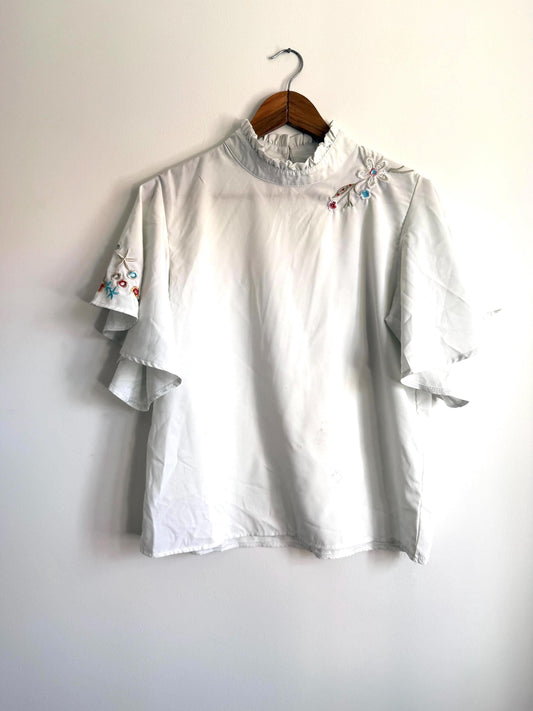 Vintage White Embroidered Flutter Sleeve Blouse | Floral High Neck Top | UK 12-14