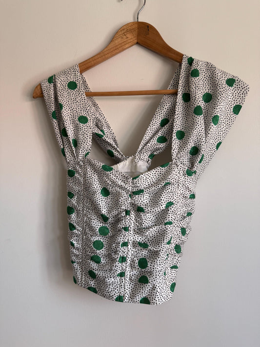 Vintage White & Green Polka Dot Corset Top | Sweetheart Neckline Bustier | 1980s Party Top | Pin Up Vintage | Statement Summer To