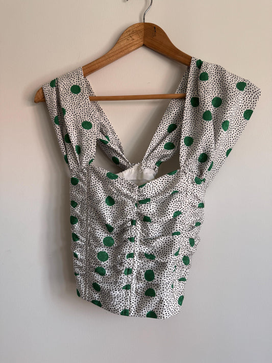 Vintage White & Green Polka Dot Corset Top | Sweetheart Neckline Bustier | 1980s Party Top | Pin Up Vintage | Statement Summer To