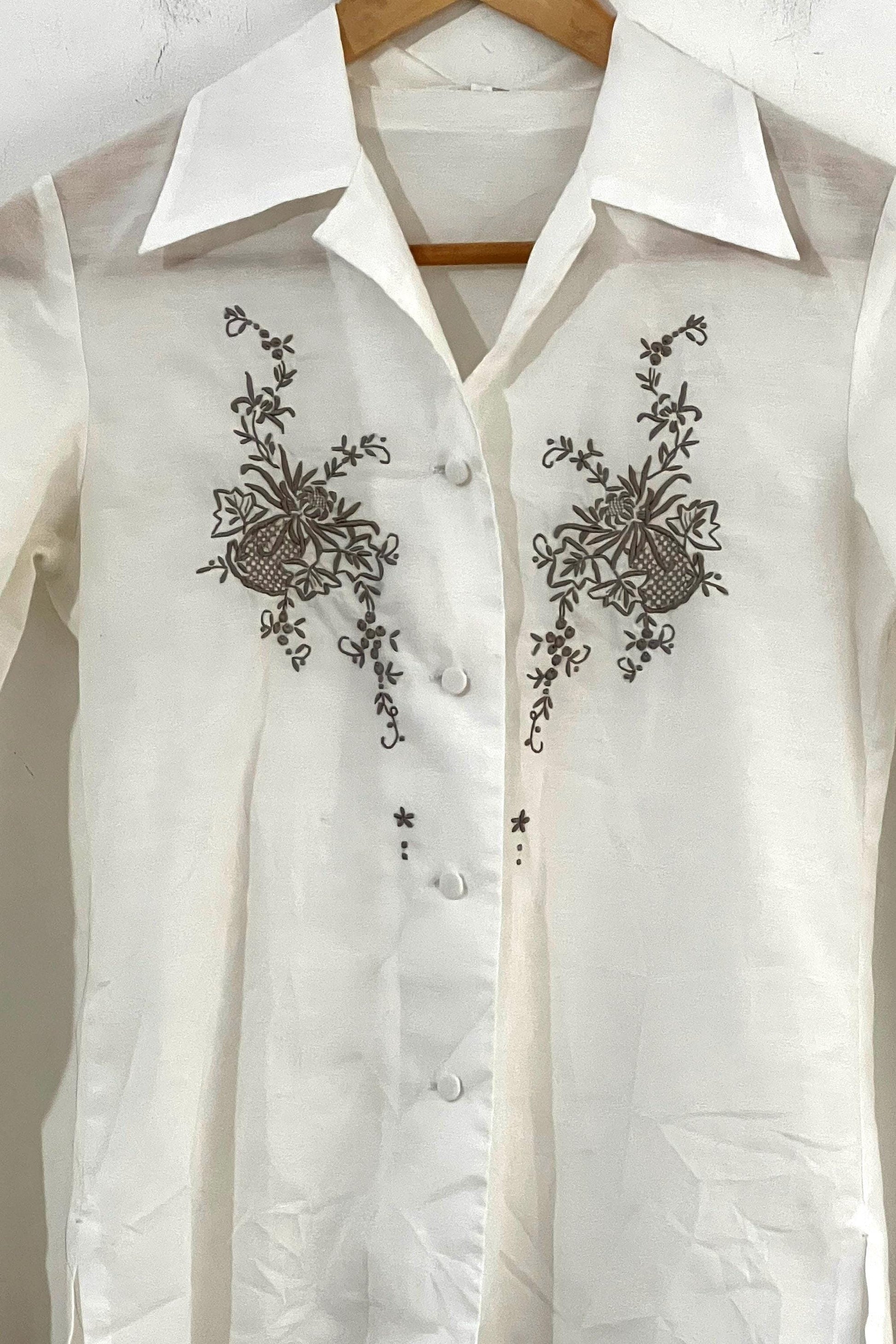 Vintage White Hand ladies Embroidered Blouse Length off white with mushroom brown floral embroidery UK Size 8
