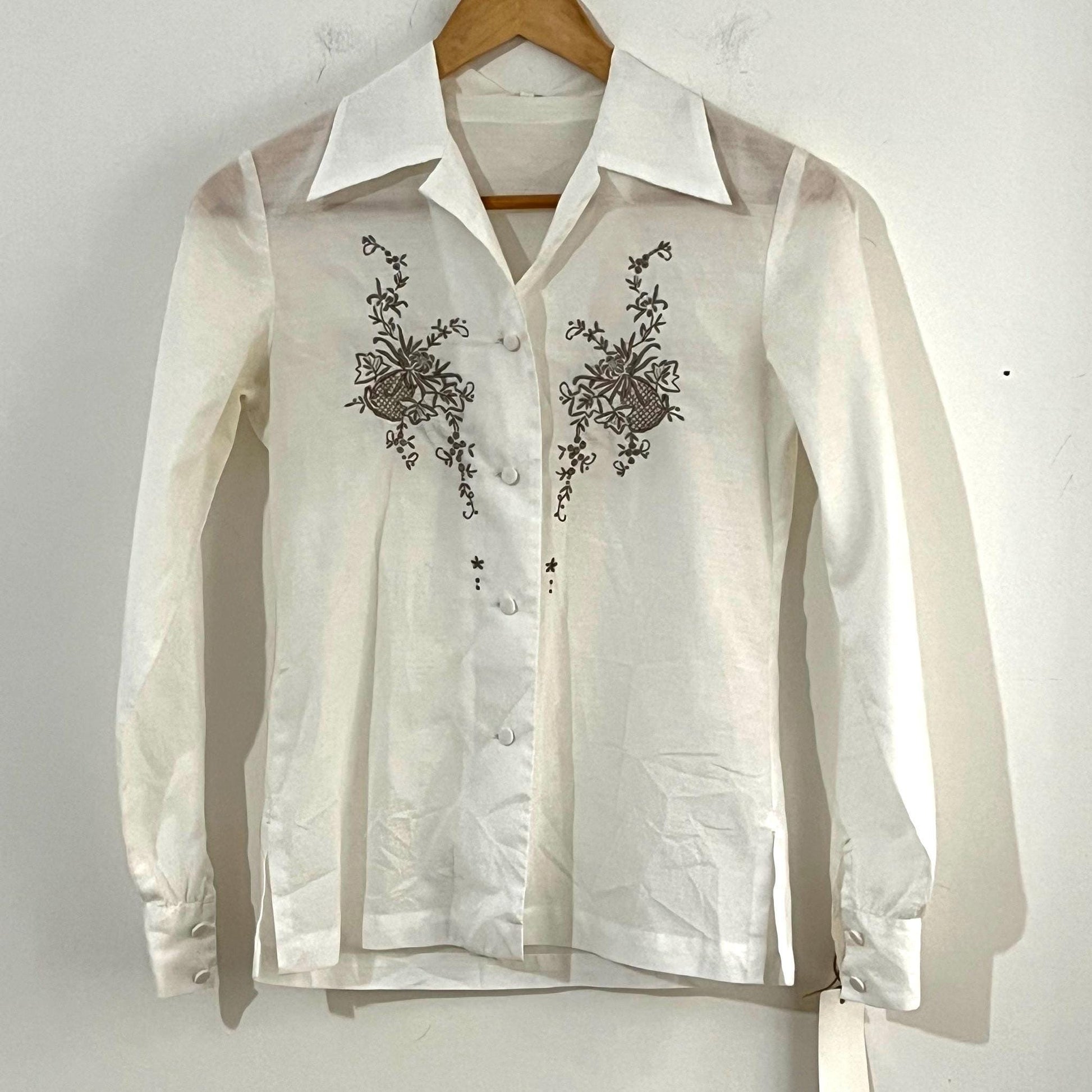 Vintage White Hand ladies Embroidered Blouse Length off white with mushroom brown floral embroidery UK Size 8