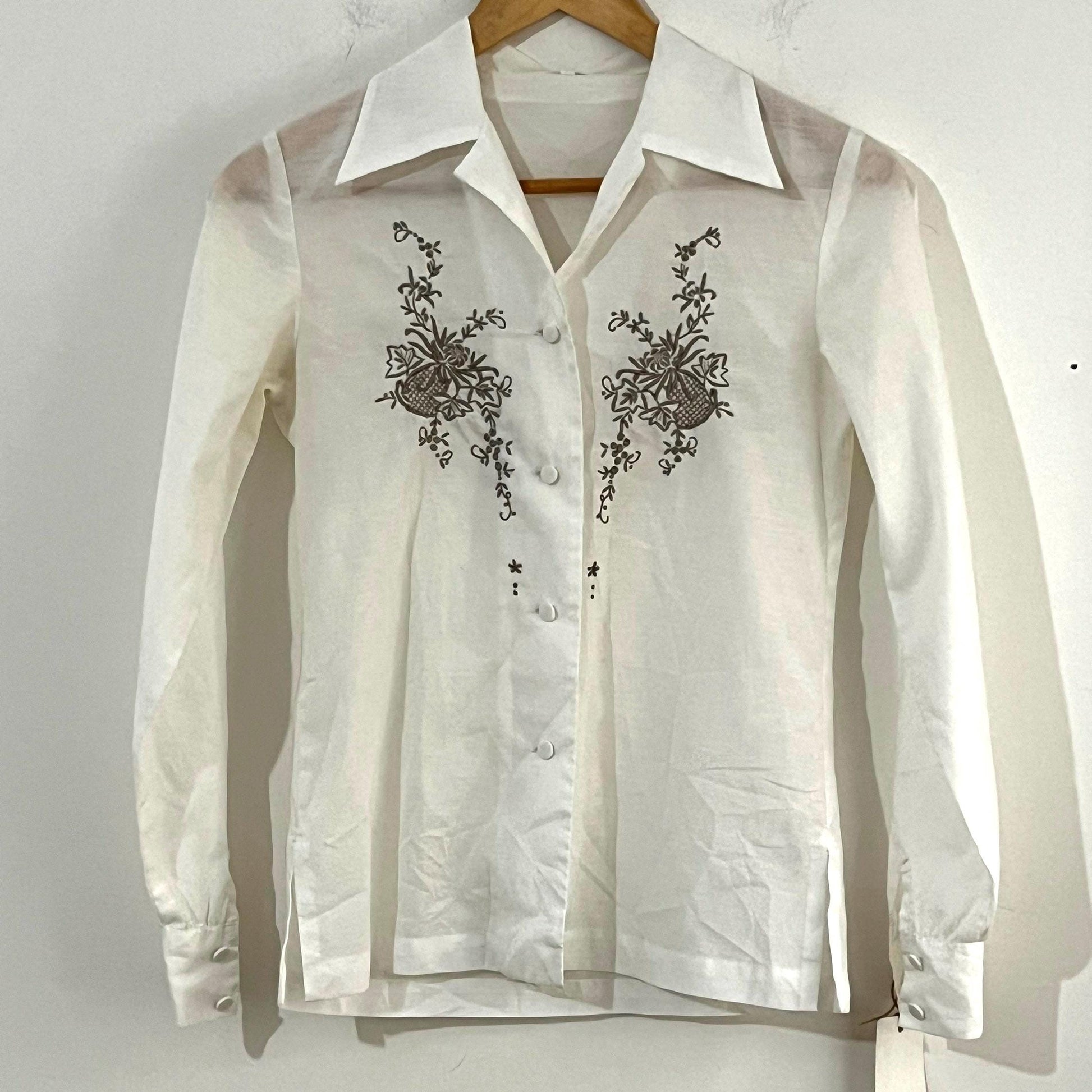 Vintage White Hand ladies Embroidered Blouse Length off white with mushroom brown floral embroidery UK Size 8