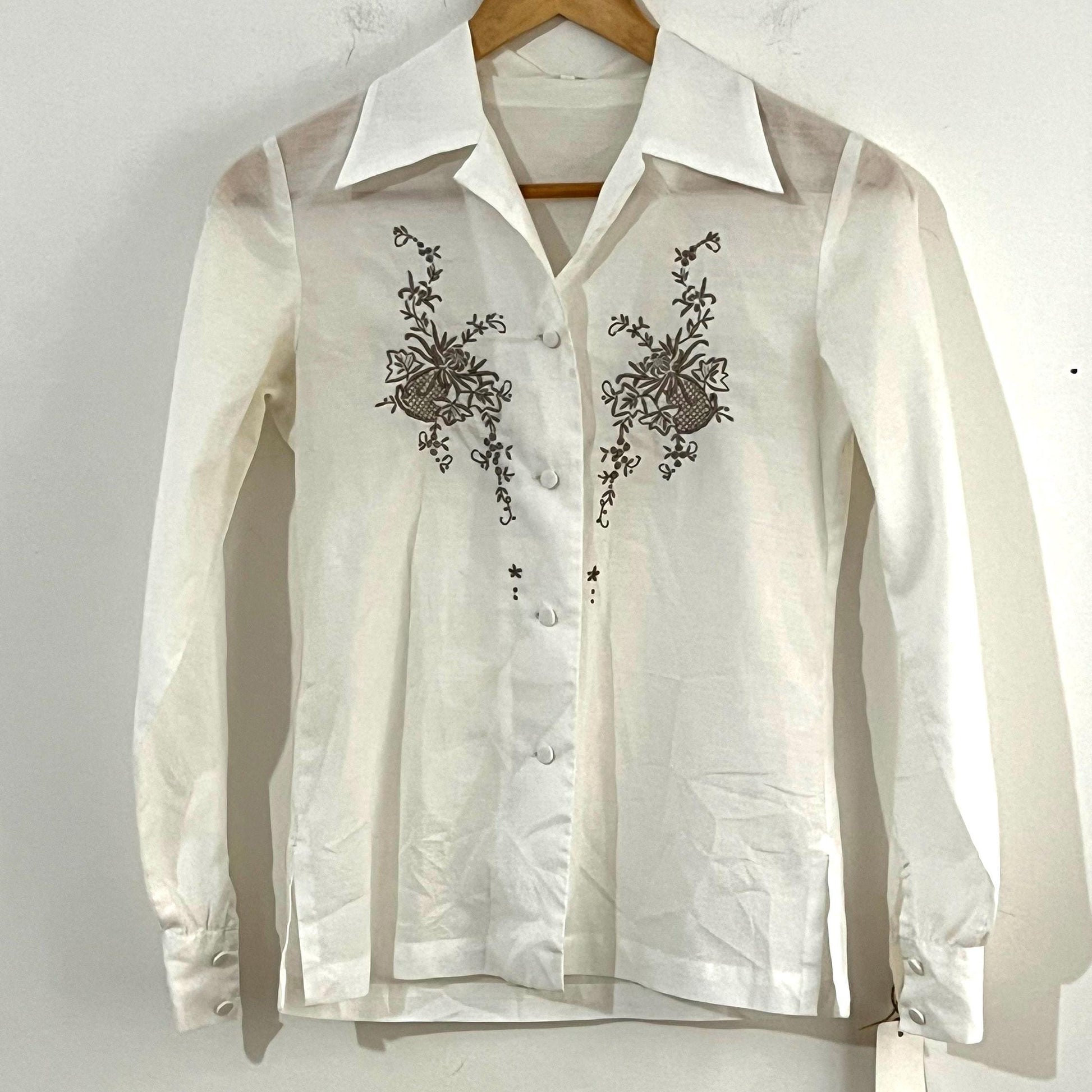 Vintage White Hand ladies Embroidered Blouse Length off white with mushroom brown floral embroidery UK Size 8