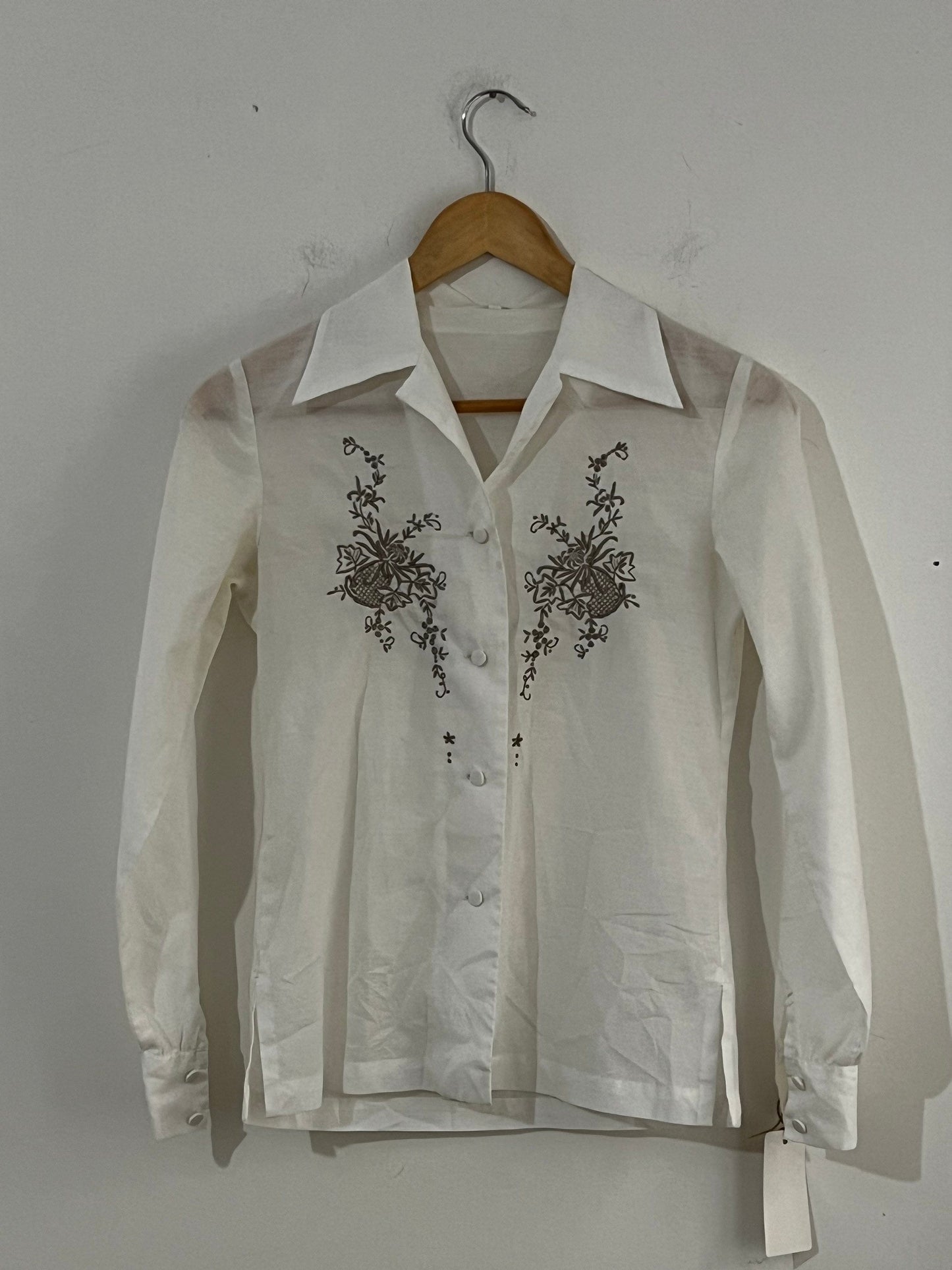 Vintage White Hand Embroidered Blouse Length off white with mushroom brown floral embroidery UK Size 8