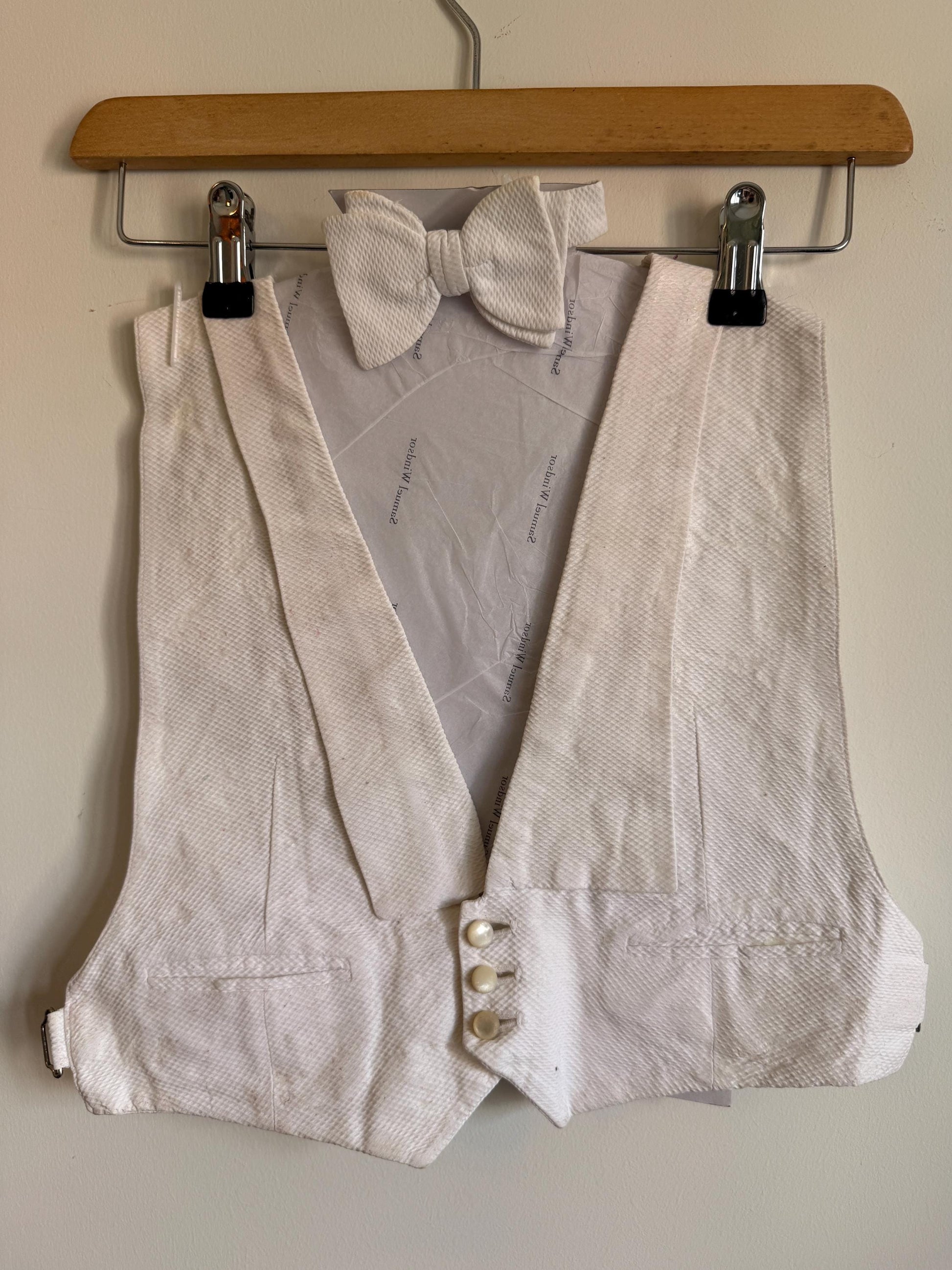 Vintage White Marcella Evening Dress Waistcoat & Bow Tie, Mens White Tie Pique Formalwear Set, Restoration