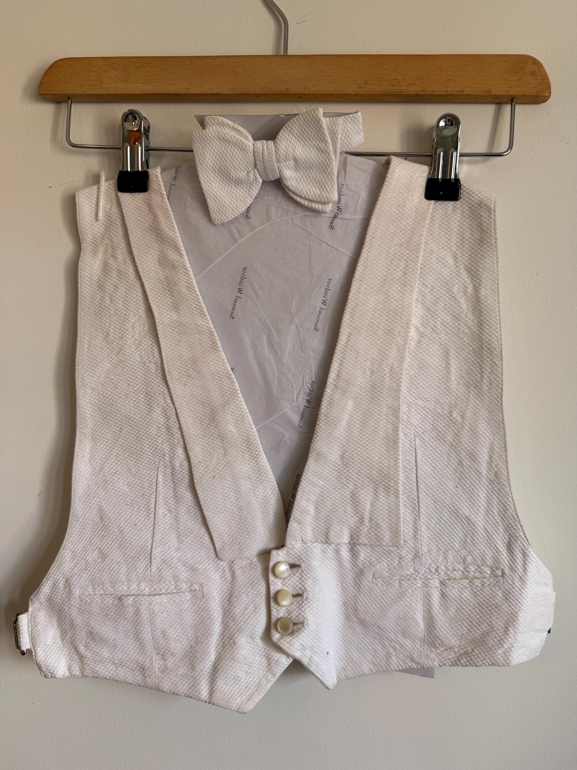 Vintage White Marcella Evening Dress Waistcoat & Bow Tie, Mens White Tie Pique Formalwear Set, Restoration