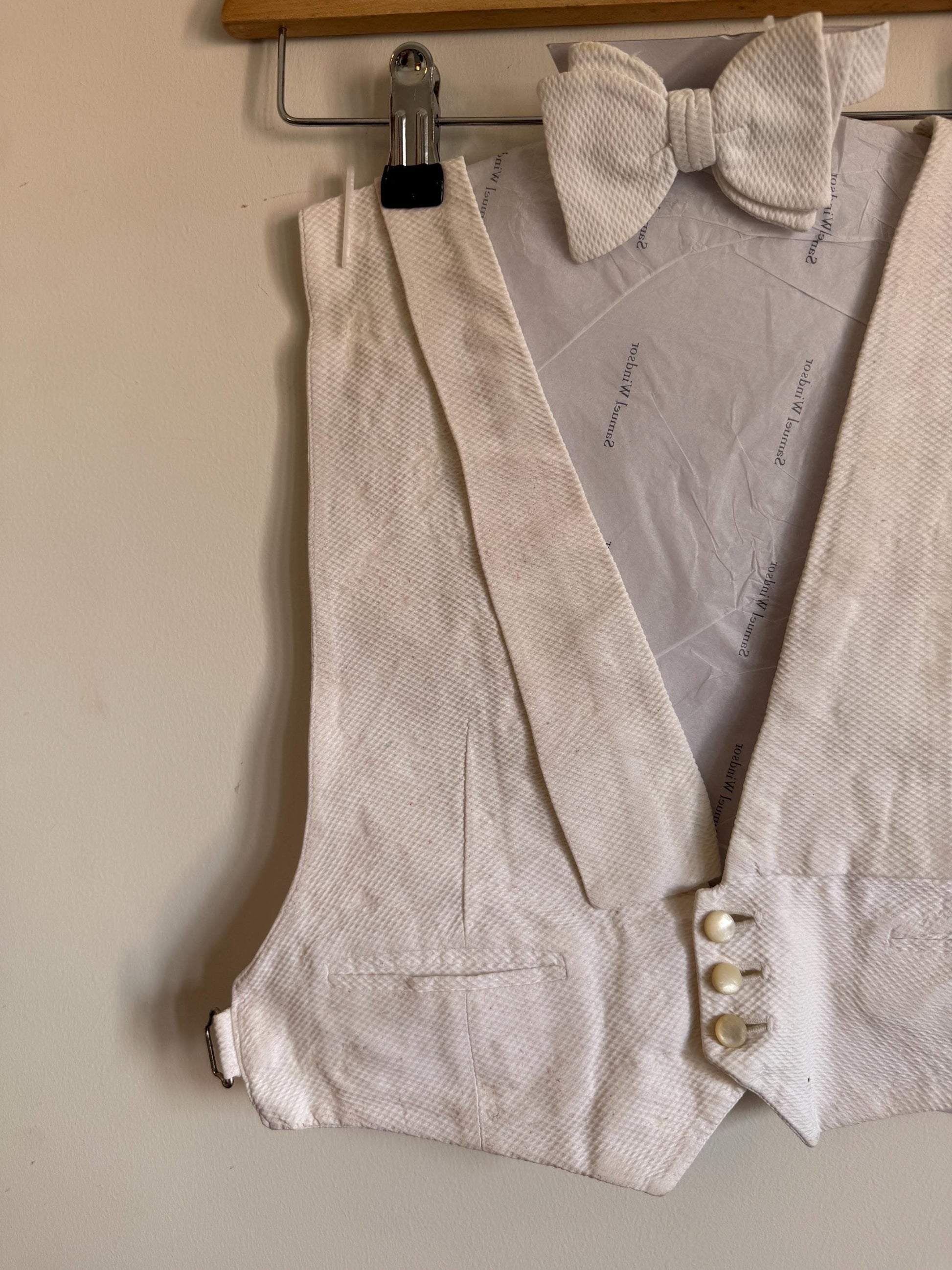 Vintage White Marcella Evening Dress Waistcoat & Bow Tie, Mens White Tie Pique Formalwear Set, Restoration