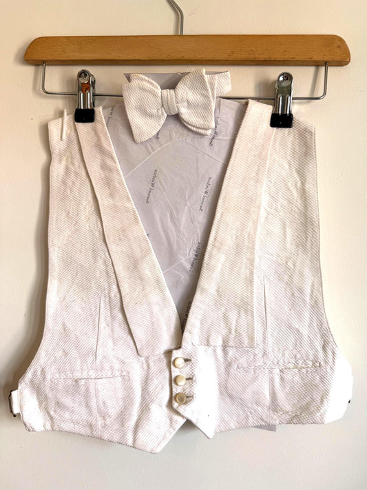 Vintage White Marcella Evening Dress Waistcoat & Bow Tie, Mens White Tie Pique Formalwear Set, Restoration