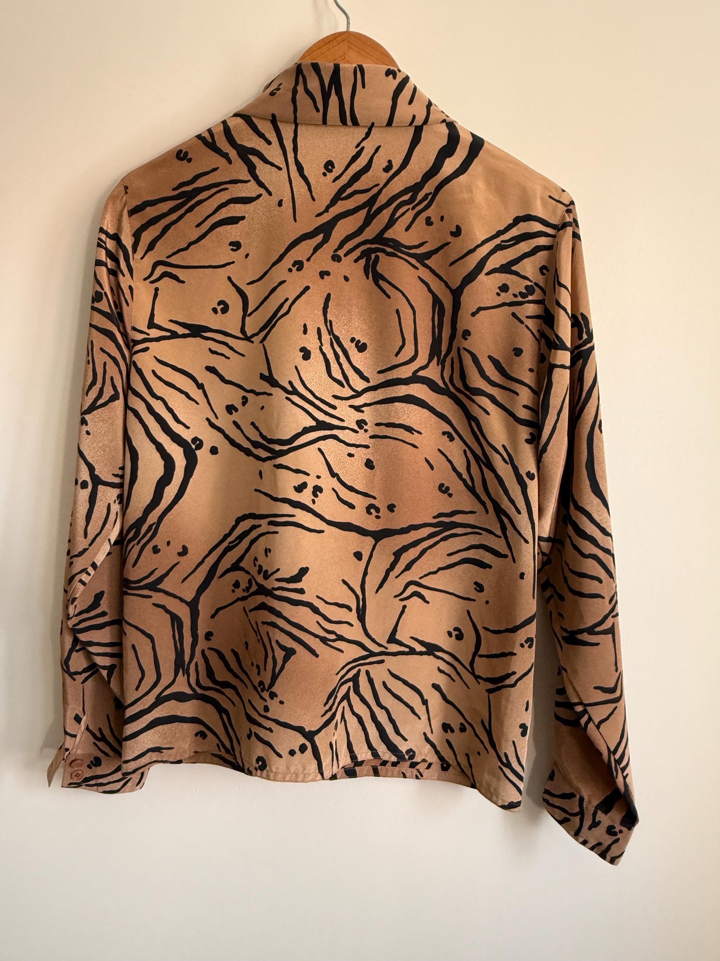 Vintage Windsmoor Abstract Pussy Bow Blouse | 80s Tan & Black Printed Shirt | Secretary Blouse | Long Sleeve Office Top | UK 12-14
