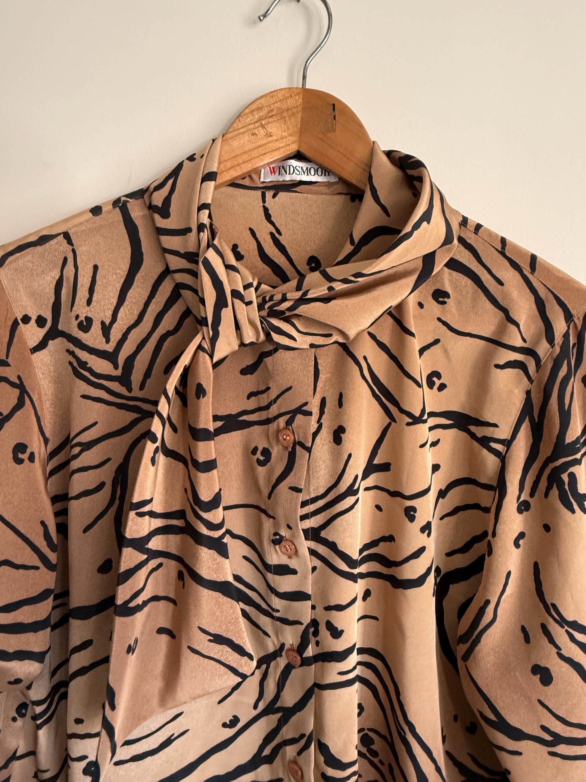 Vintage Windsmoor Abstract Pussy Bow Blouse | 80s Tan & Black Printed Shirt | Secretary Blouse | Long Sleeve Office Top | UK 12-14