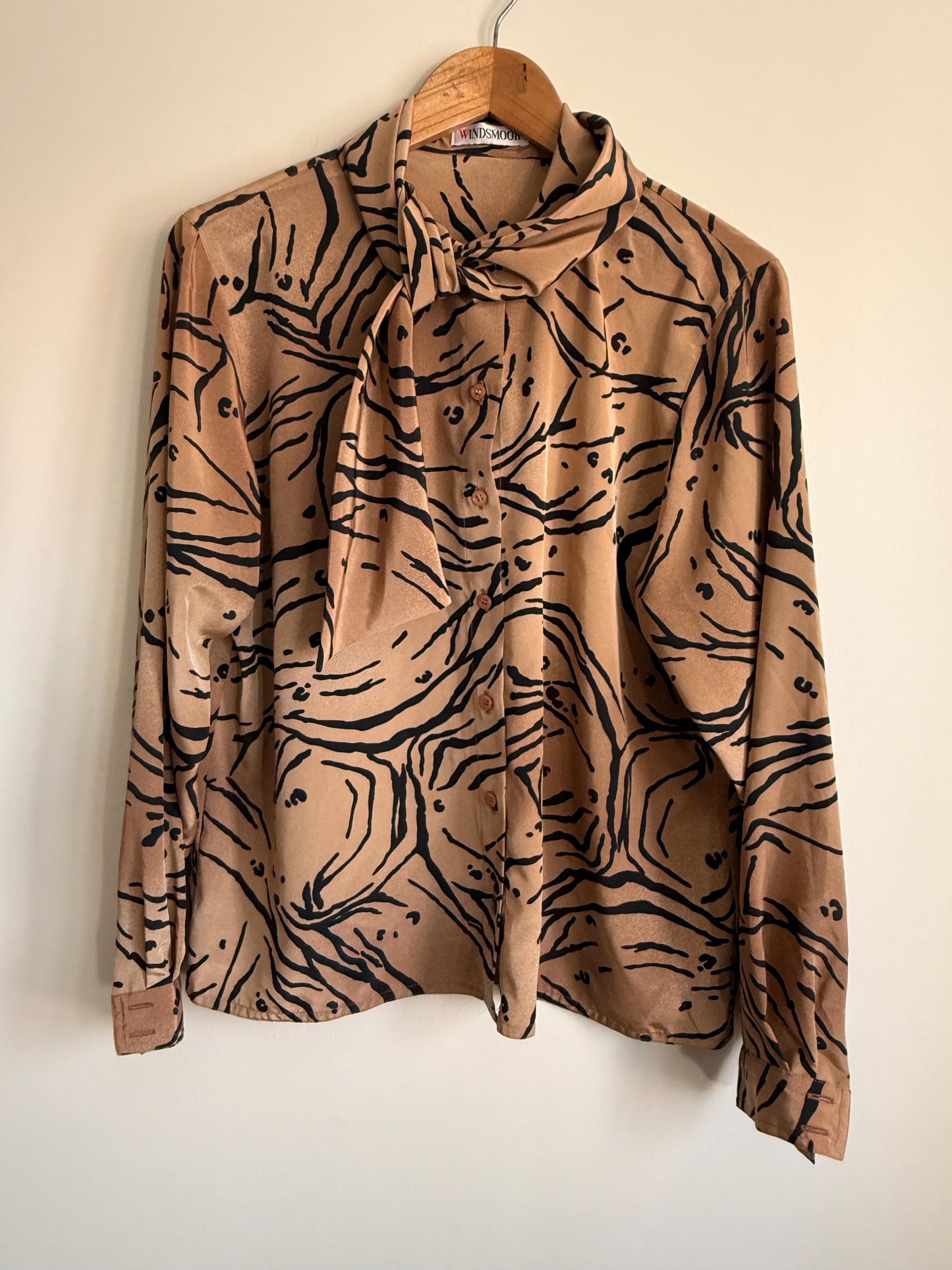Vintage Windsmoor Abstract Pussy Bow Blouse | 80s Tan & Black Printed Shirt | Secretary Blouse | Long Sleeve Office Top | UK 12-14