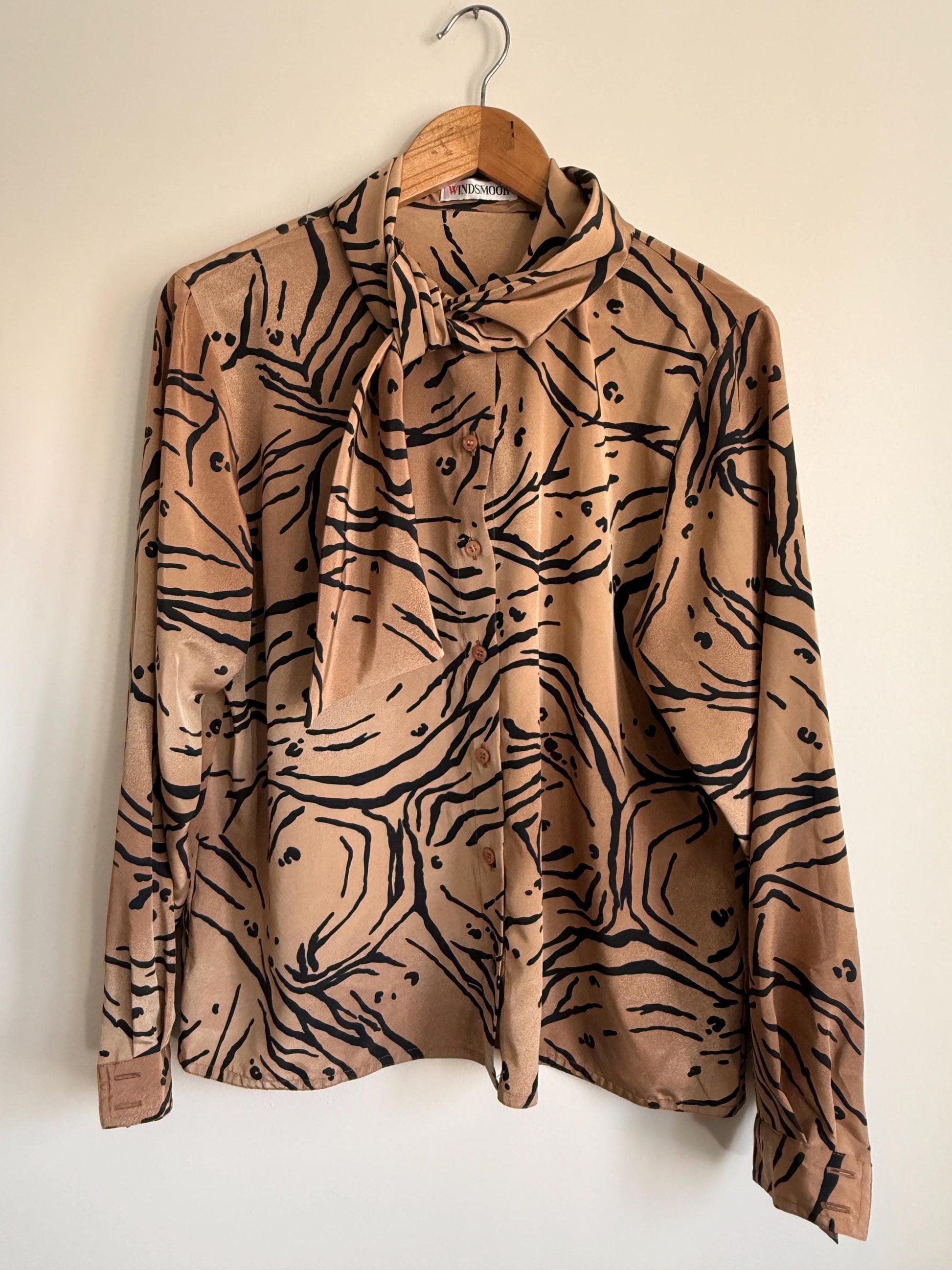 Vintage Windsmoor Abstract Pussy Bow Blouse | 80s Tan & Black Printed Shirt | Secretary Blouse | Long Sleeve Office Top | UK 12-14