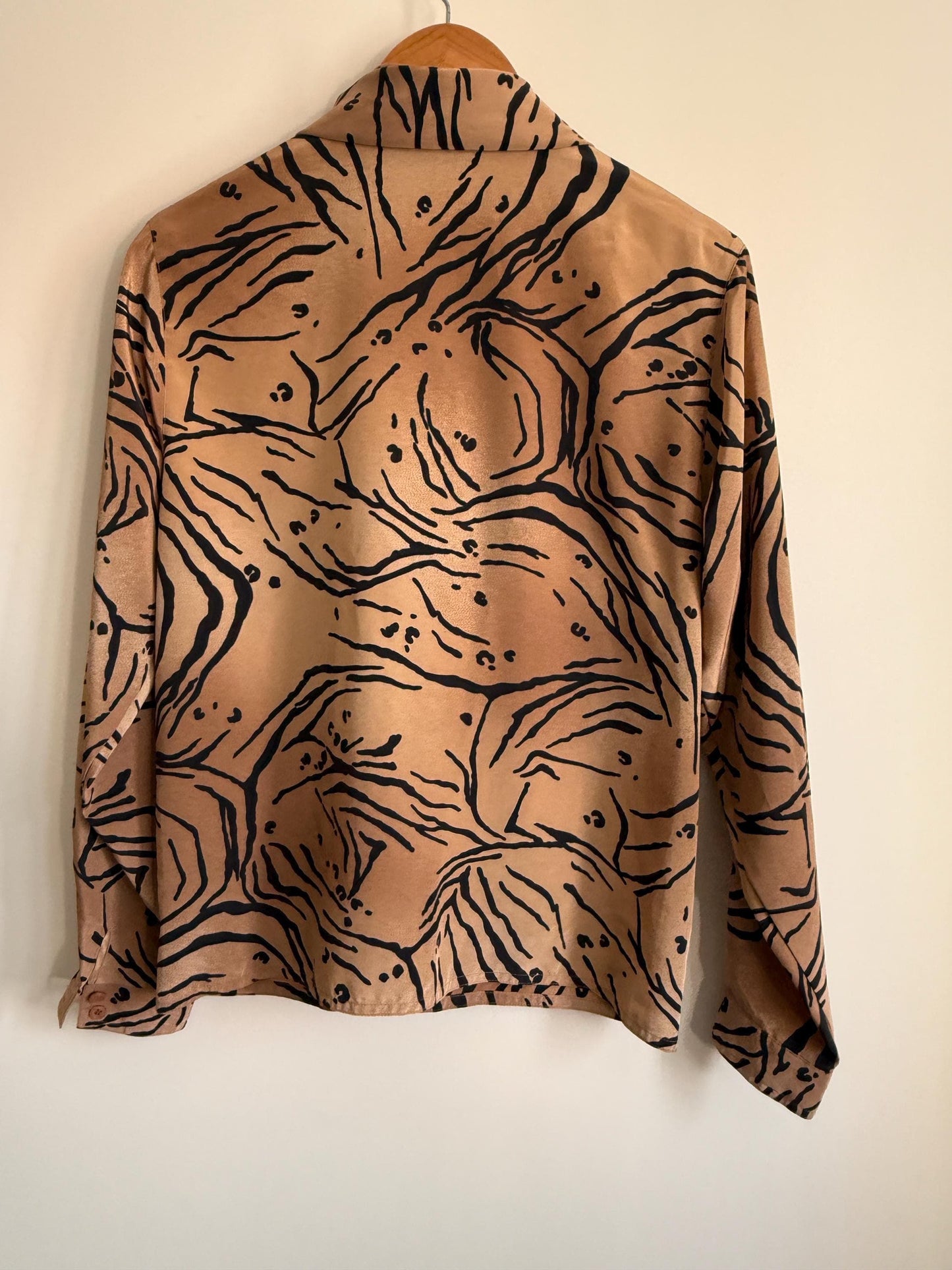 Vintage Windsmoor Abstract Pussy Bow Blouse | 80s Tan & Black Printed Shirt | Secretary Blouse | Long Sleeve Office Top | UK 12-14