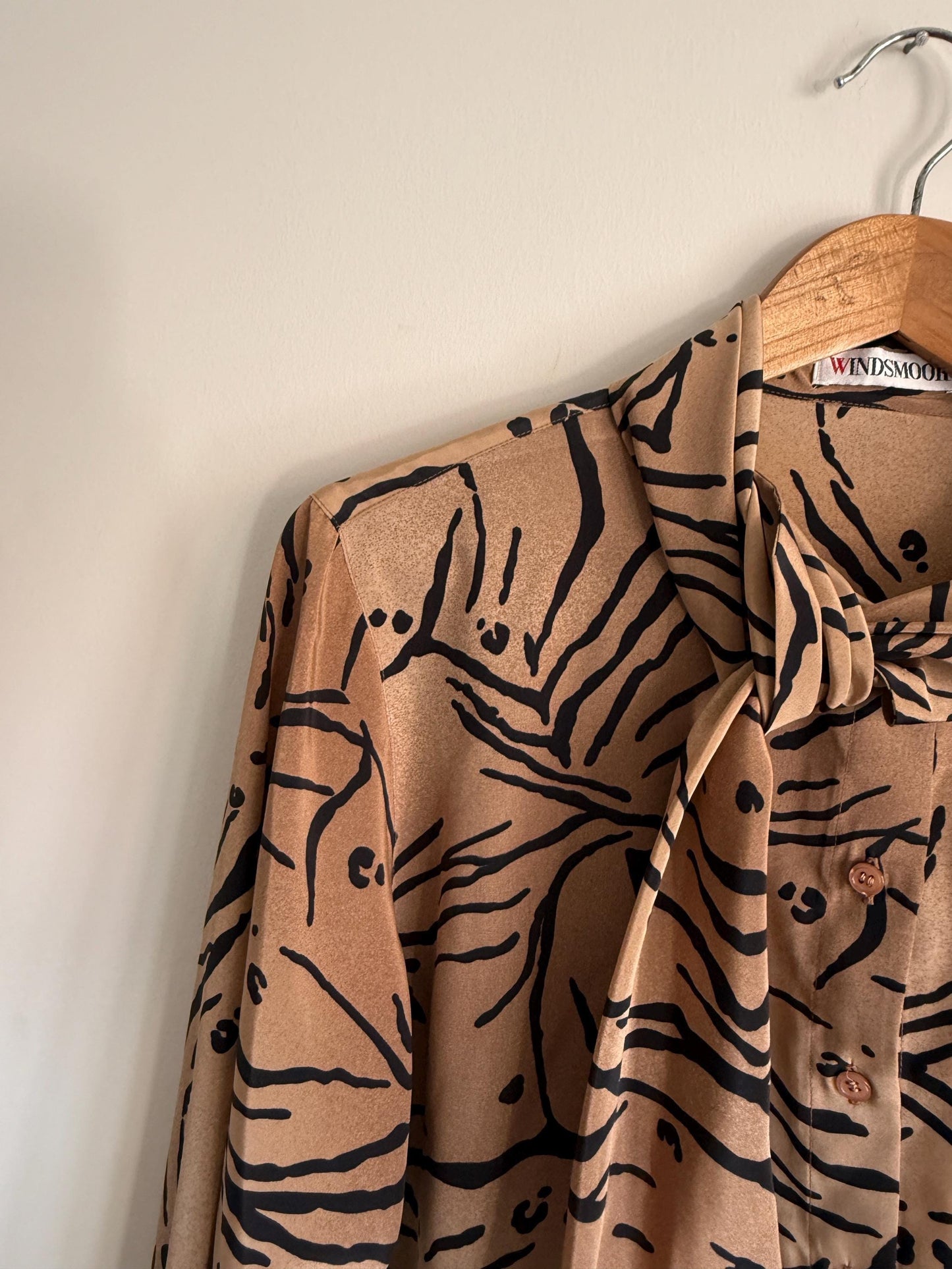 Vintage Windsmoor Abstract Pussy Bow Blouse | 80s Tan & Black Printed Shirt | Secretary Blouse | Long Sleeve Office Top | UK 12-14