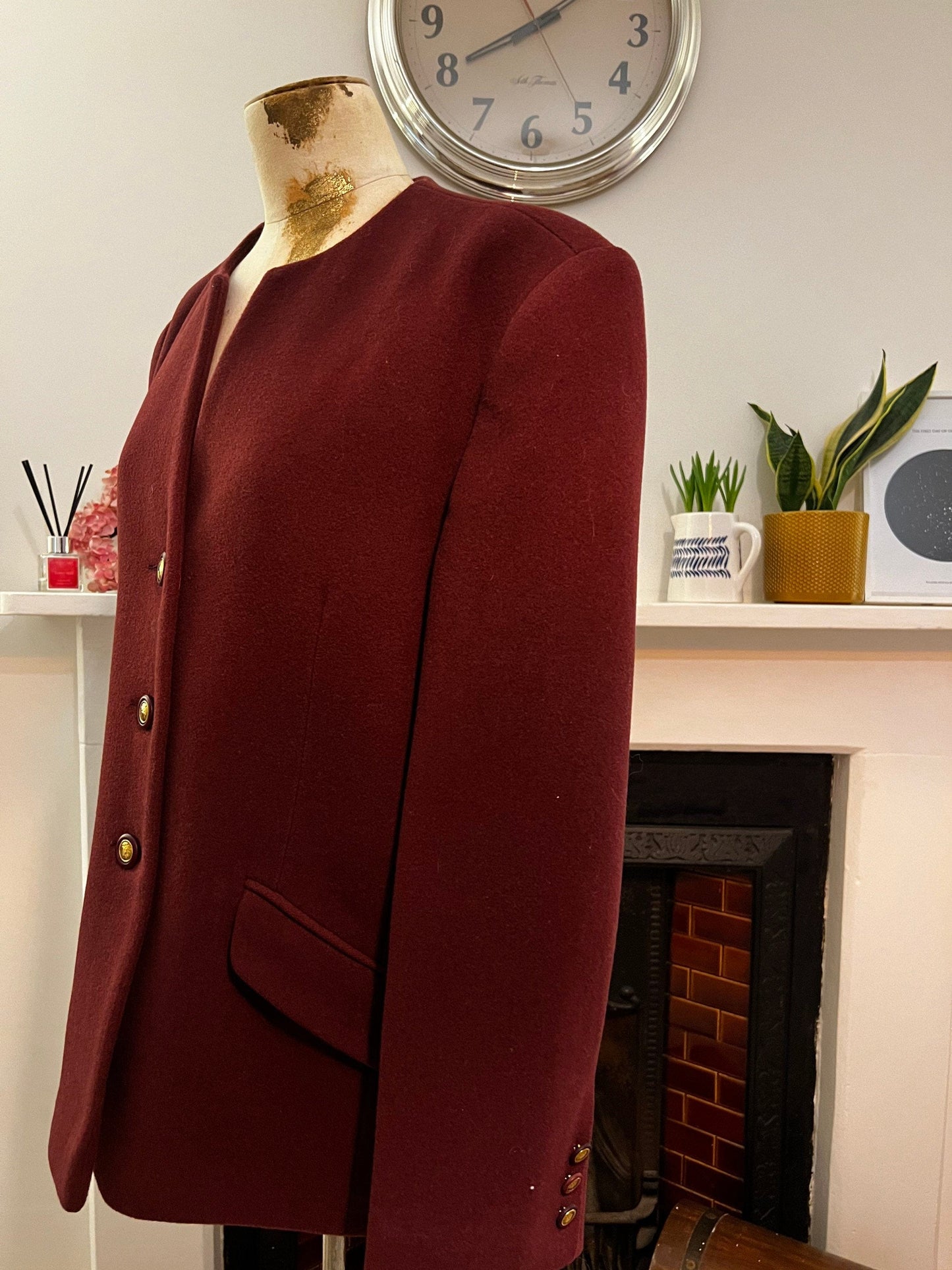 Vintage Womens Burgandy Wool Blazer Jacket - Cream Blazer UK Size 20