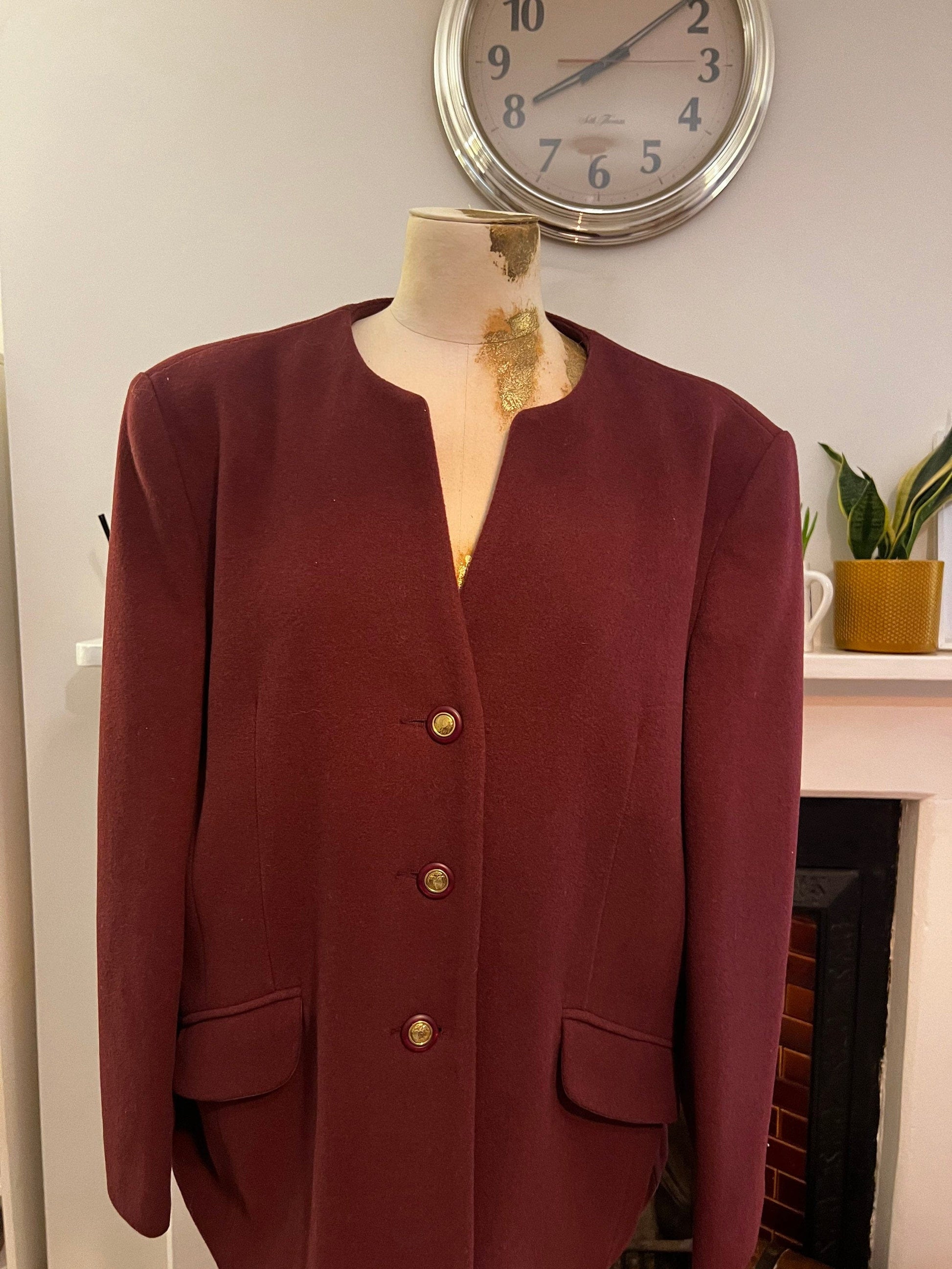 Vintage Womens Burgandy Wool Blazer Jacket - Cream Blazer UK Size 20