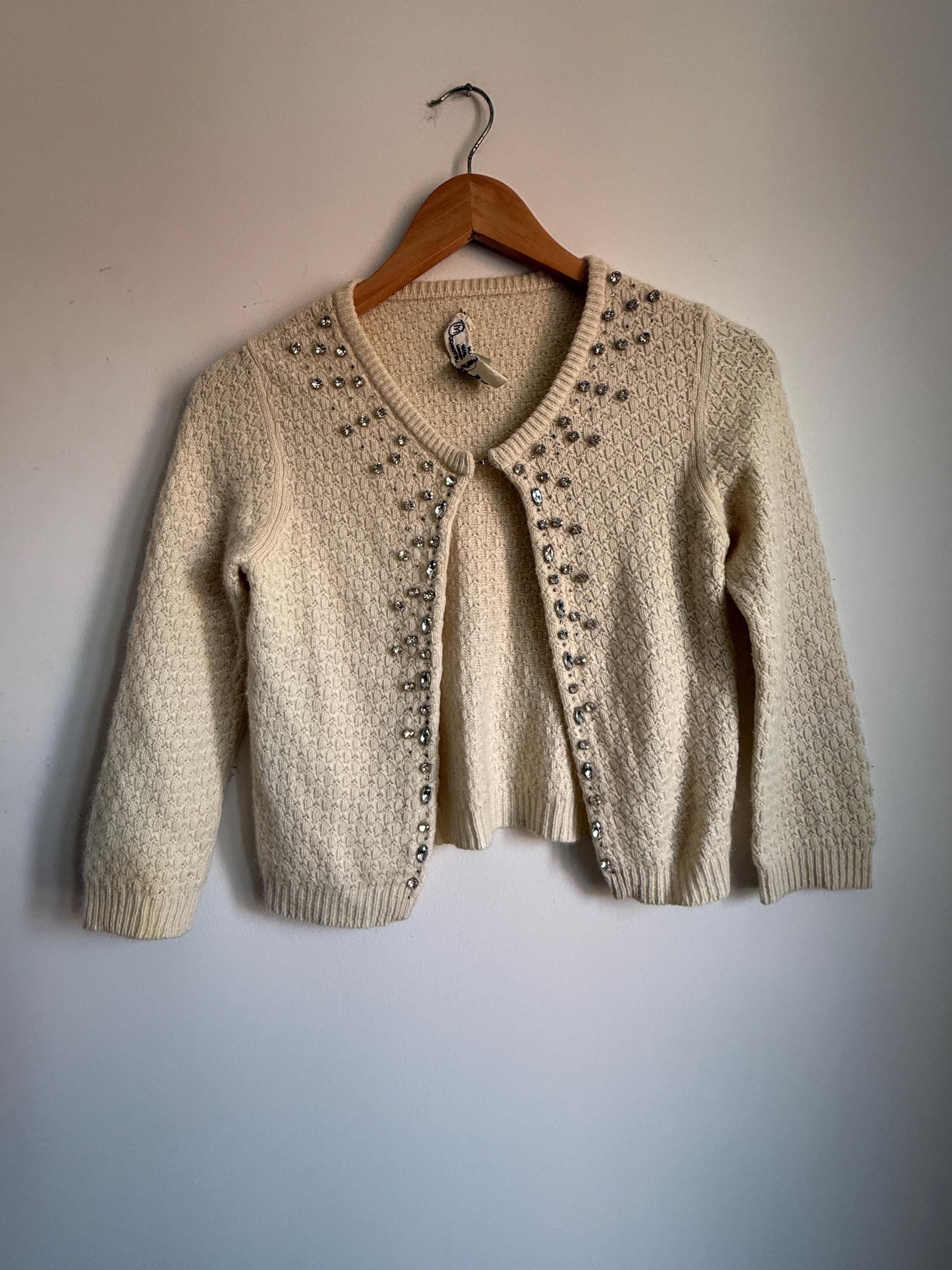 Vintage Y2K 90s Ezra Fitch Abercrombie & Fitch 100 Cashmere Crystal Embellished Cardigan 1950s style