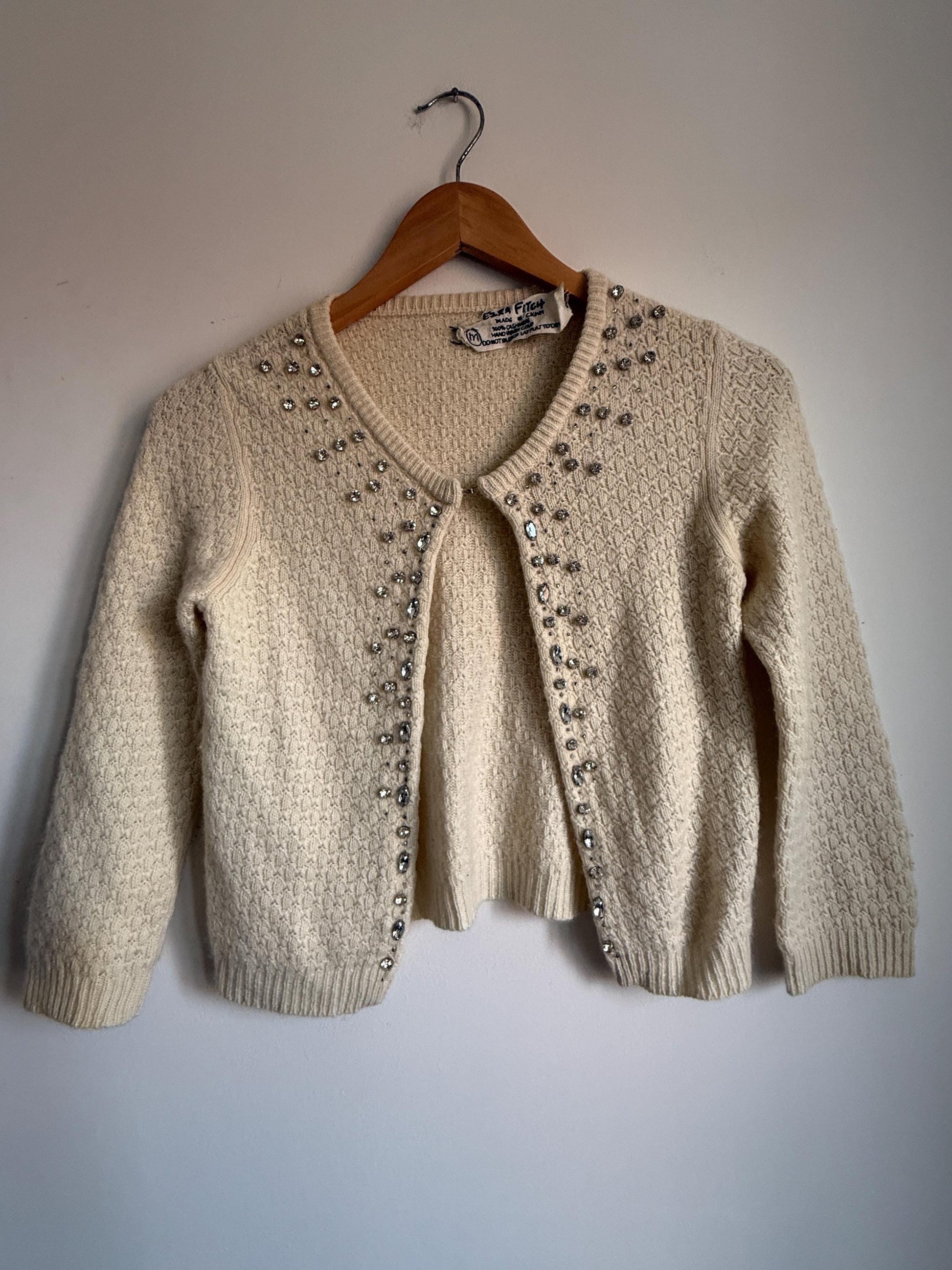 Vintage Y2K 90s Ezra Fitch Abercrombie & Fitch 100 Cashmere Crystal Embellished Cardigan 1950s style